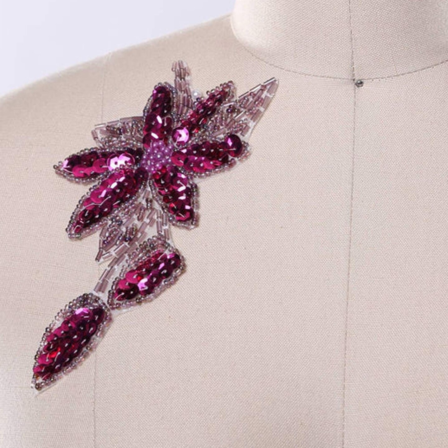 6&#x22; x 3.25&#x22; Magenta Beaded Flower Patches Set of 2 Sequined Iron-On Appliques with Leaf Detail
