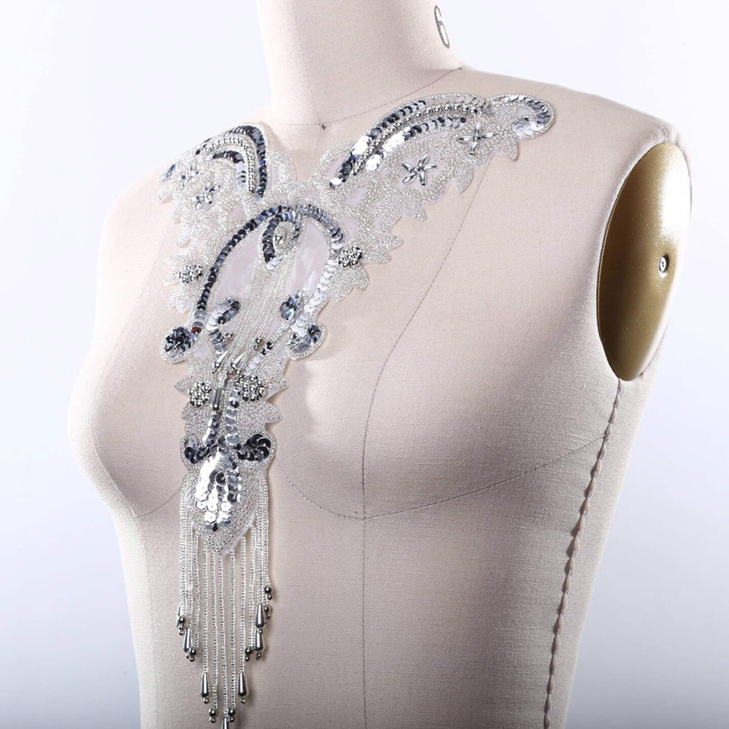 Silver Oversized Beaded Neckline Applique for Gowns Fringe Trim Hot Fix Iron On Patch