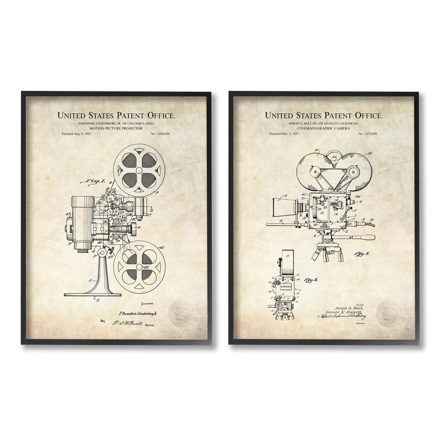 Stupell Industries Vintage Movie Camera Cinema Projector 2pc Framed Giclee Set Design By Karl Hronek