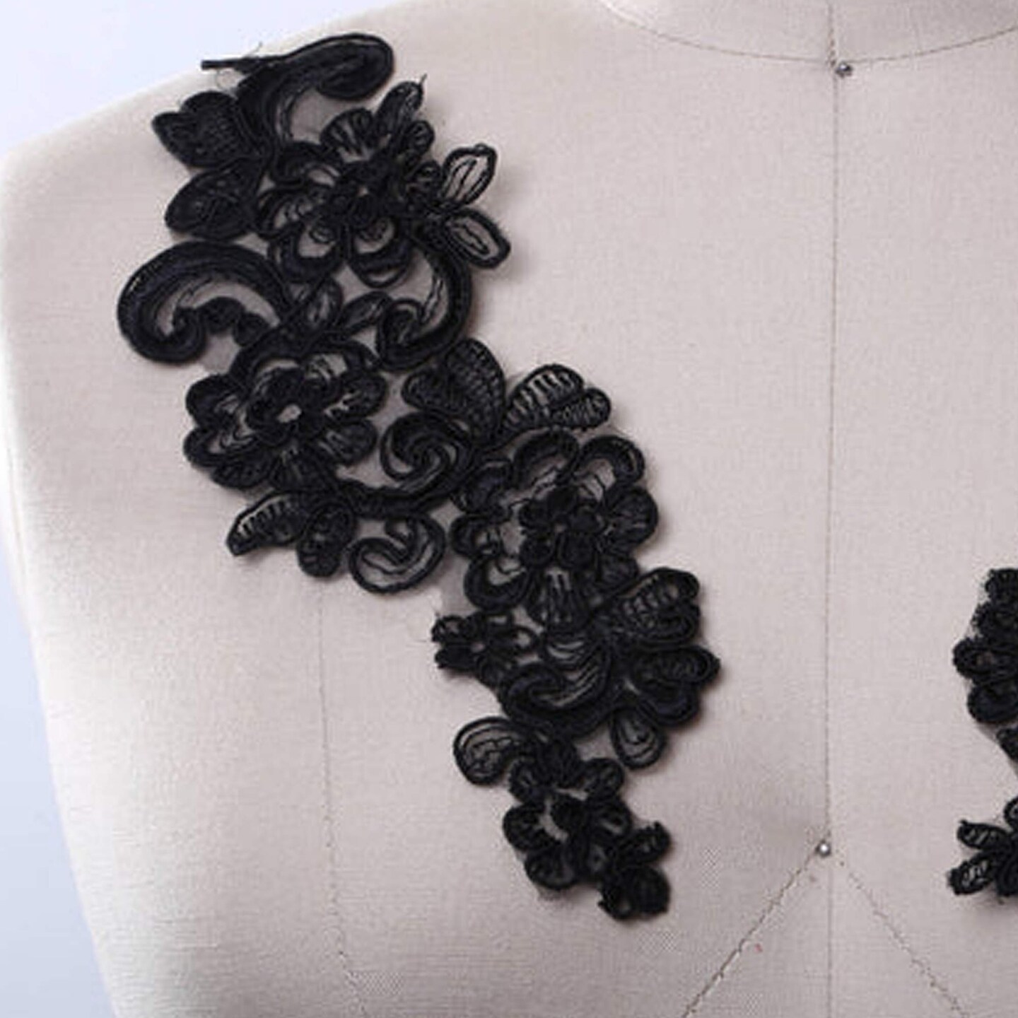 2 Pieces Large 9x3 Black Alencon Lace Patch Applique Flowers Swirls Design