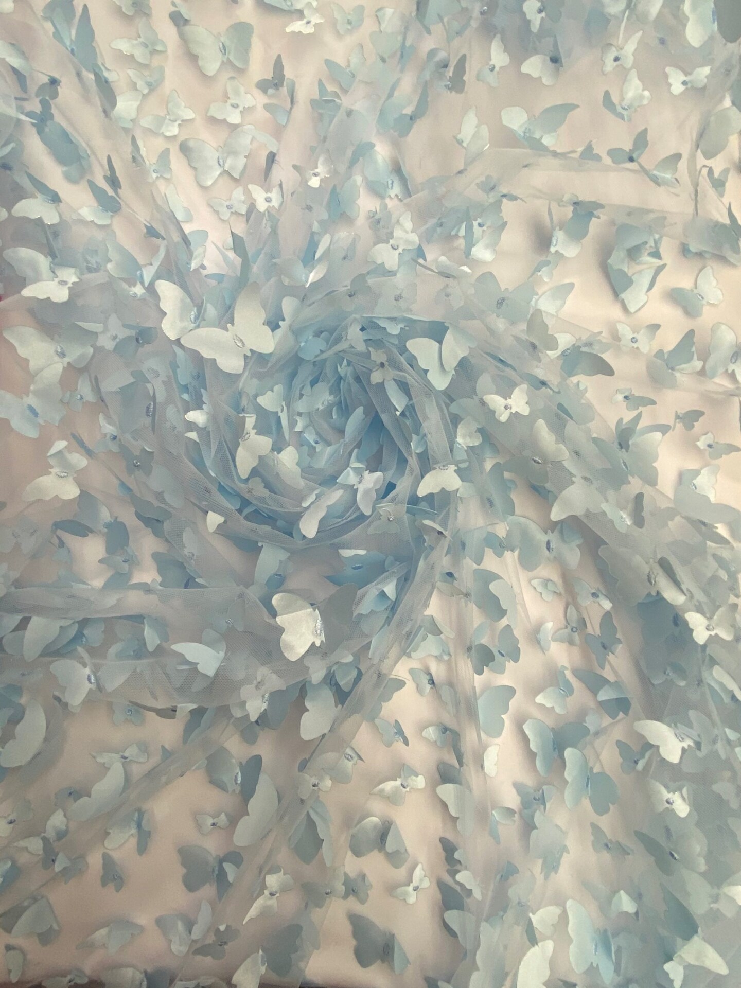 1 Yard Light Blue 3D Butterfly Mesh Soft Stretch Fabric with Satin Appliqué for Costumes & Special Creations 54 Inch Wide