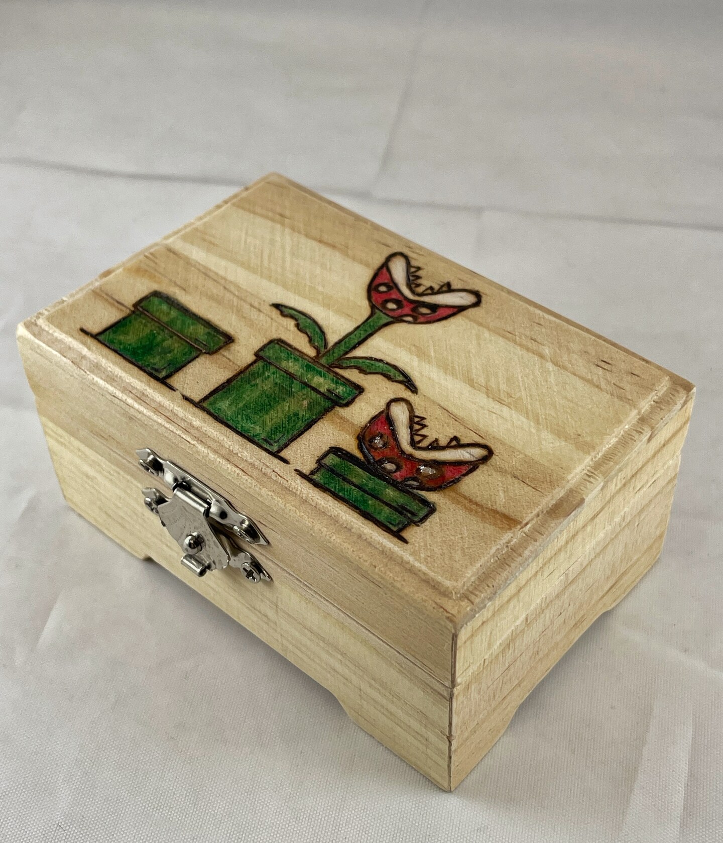 Piranha Plant Wood Burned Small Trinket Box, Wood Burning Art