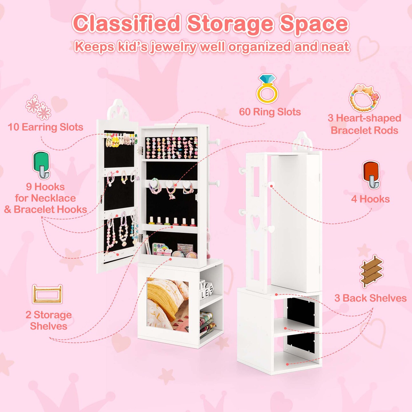 Costway Kids Jewelry Cabinet Standing Children Jewelry Organizer with Full-Length Mirror White/Pink