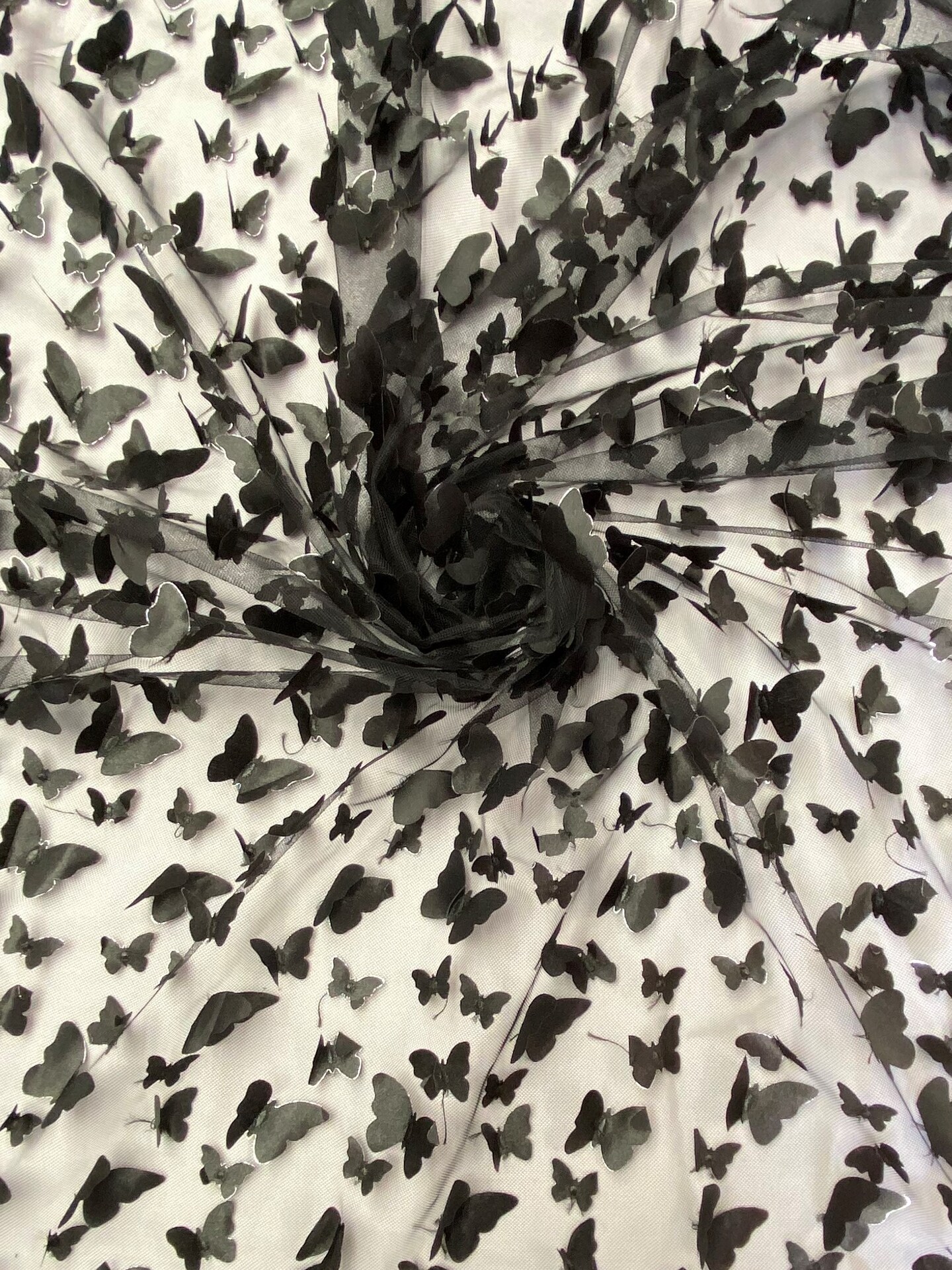 1 Yard Black 3D Butterfly Mesh Fabric with Satin Appliqu&#xE9; on Stretch Sheer Base 54 Inch Wide
