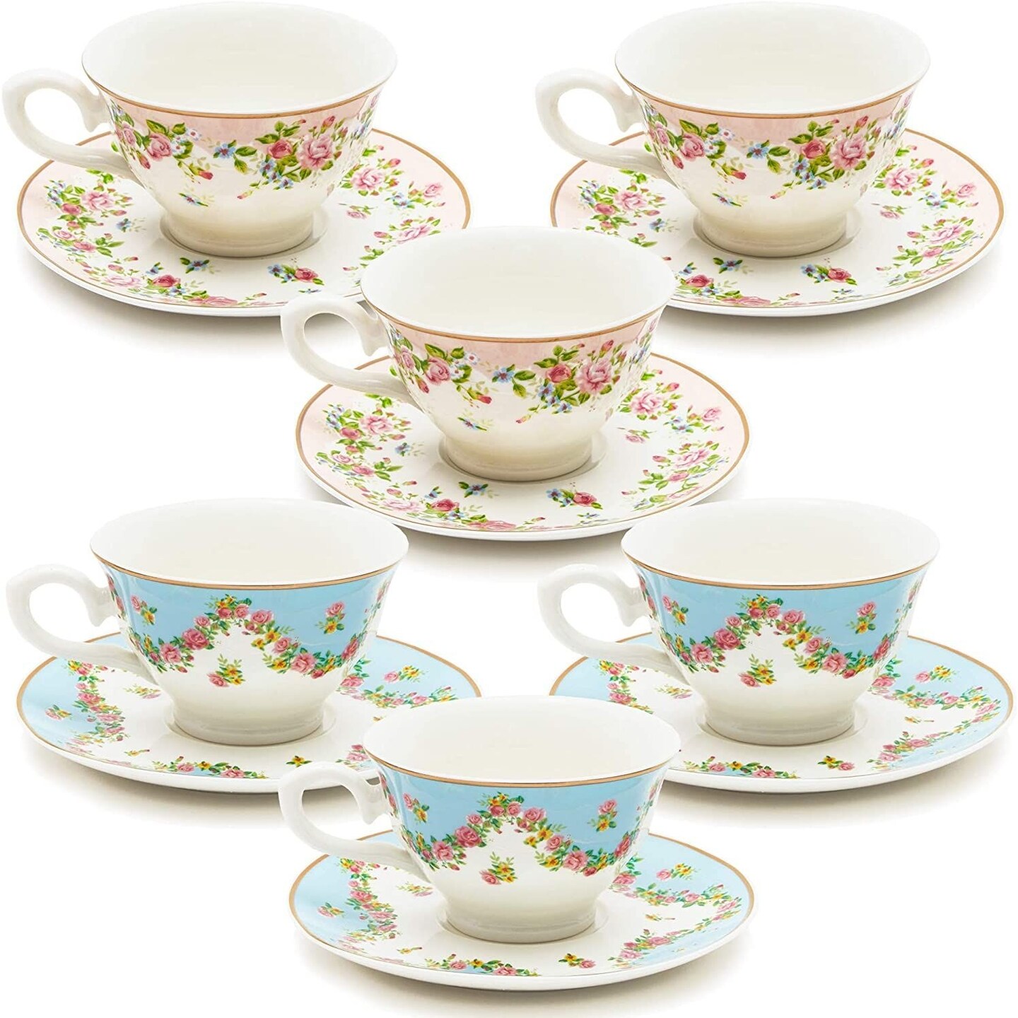 Set of 6 Vintage Floral Tea Cups and Saucers for Tea Party Supplies, Perfect for Bridal Showers, Garden Parties, Brunch Gatherings, Afternoon Teas & Receptions (Blue, Pink, 8oz)