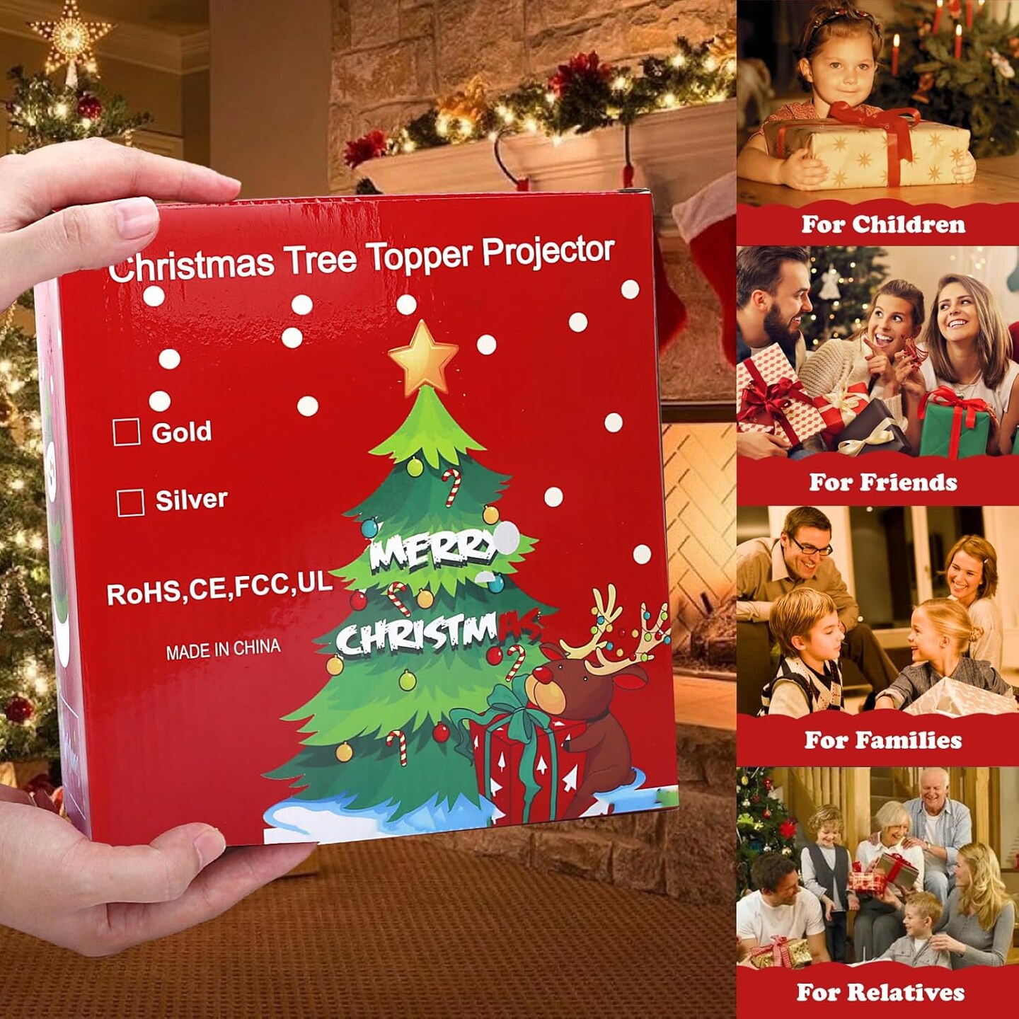 Tree Topper Projector, Snowflake Projector Tree Topper, Built-in 360&#xB0; LED Rotating Lights with 4 Patterns Dynamic Projection for Xmas Tree Decoration