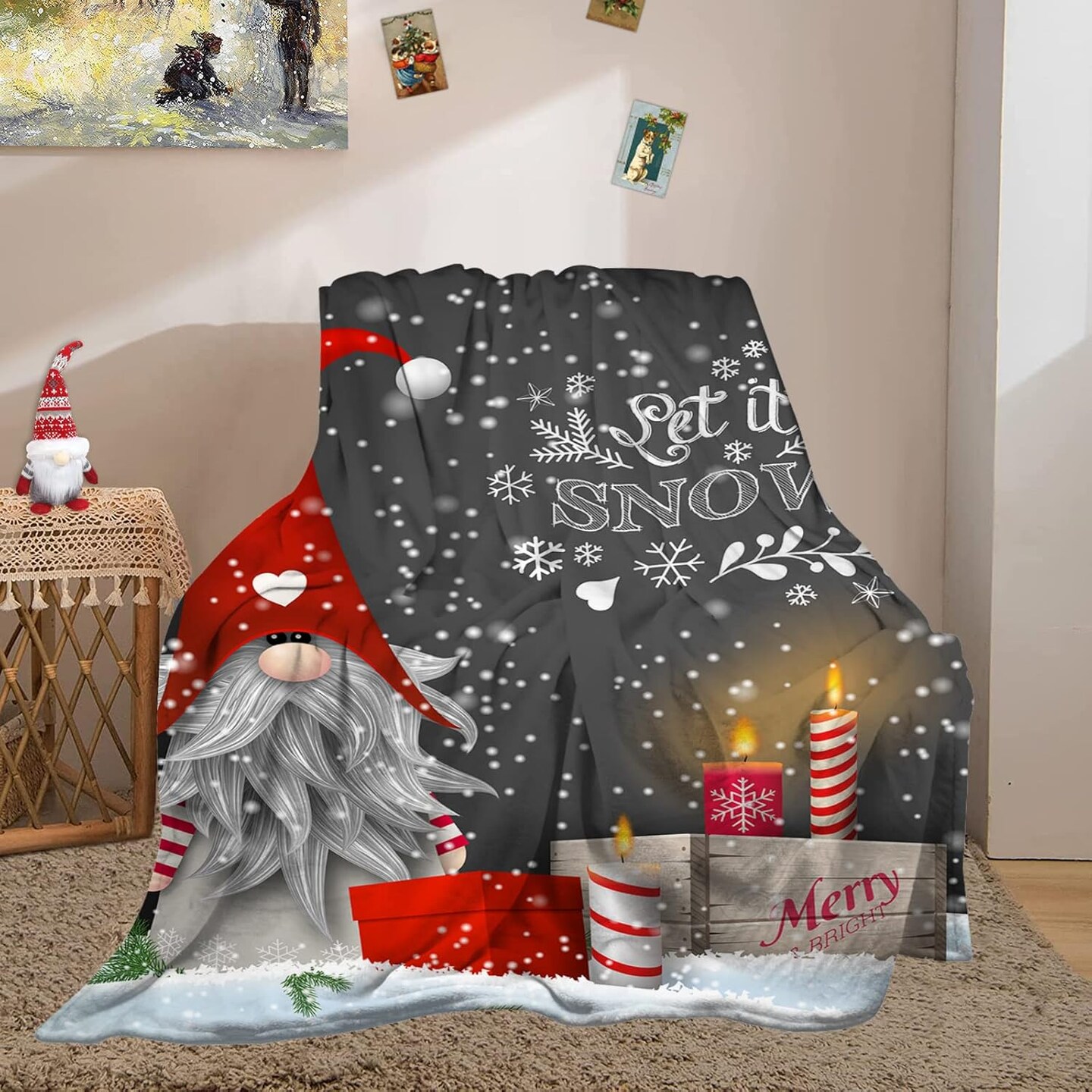 Gnome Blanket, Merry Christmas Gnome Xmas Gifts Winter Snowflakess Throw Blanket, Living Room/Bedroom/Sofa Couch Warm Soft Bed Blanket for Adults All Season 40x50in