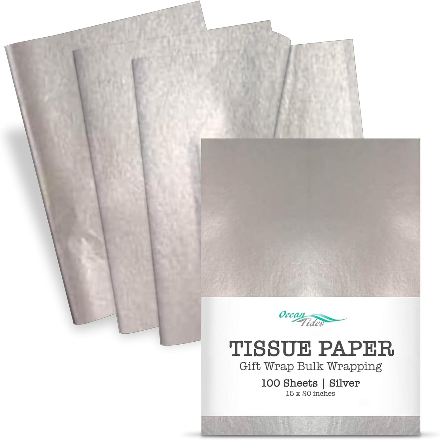 Gift Wrapping Tissue Paper - Gift Tissue Paper for Birthdays, DIY Crafts, &#x26; Christmas - 100 Sheets Bulk Tissue Paper for Gift Bags - Lightweight &#x26; Easy to Shape - Silver (15 X 20 Inches)