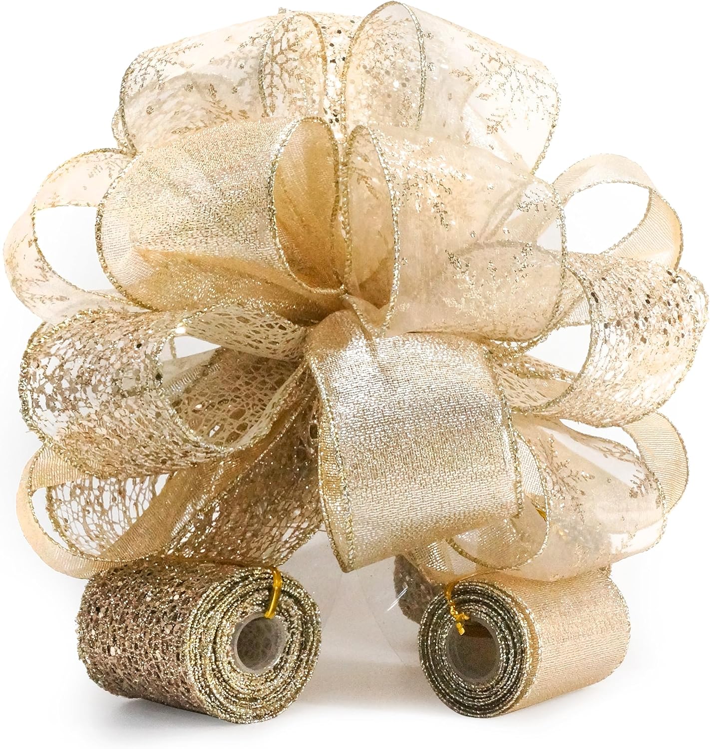 Christmas Tree Topper Bow - Bow: 11&#x22; sq. - Tails: 3 Yards Long Each - Champagne Snowflake