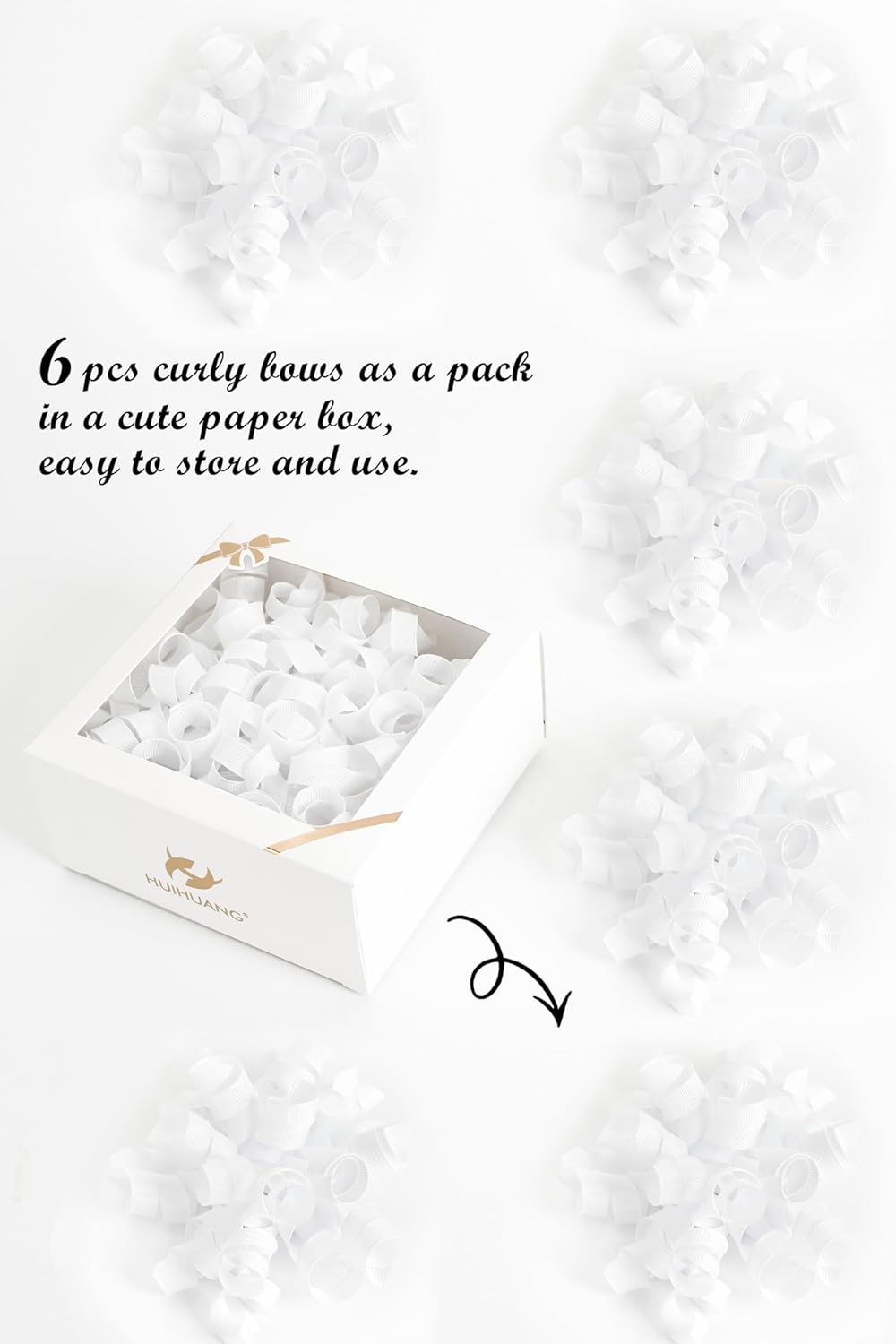 White Bows for Gift Wrapping, White Curly Ribbon Bows Self Adhesive Burst Gift Bow for Christmas Presents, Wine Bottle, Treat Bags, Bridal Shower Wedding Party Favor - 6 Counts