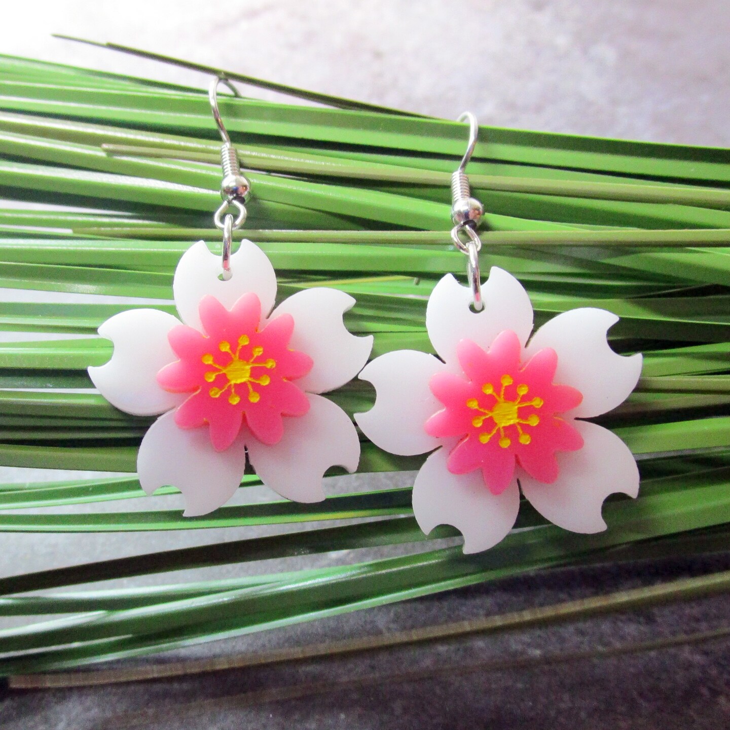 Sakura Cherry Blossom White And Pink Flower Dangle Earrings