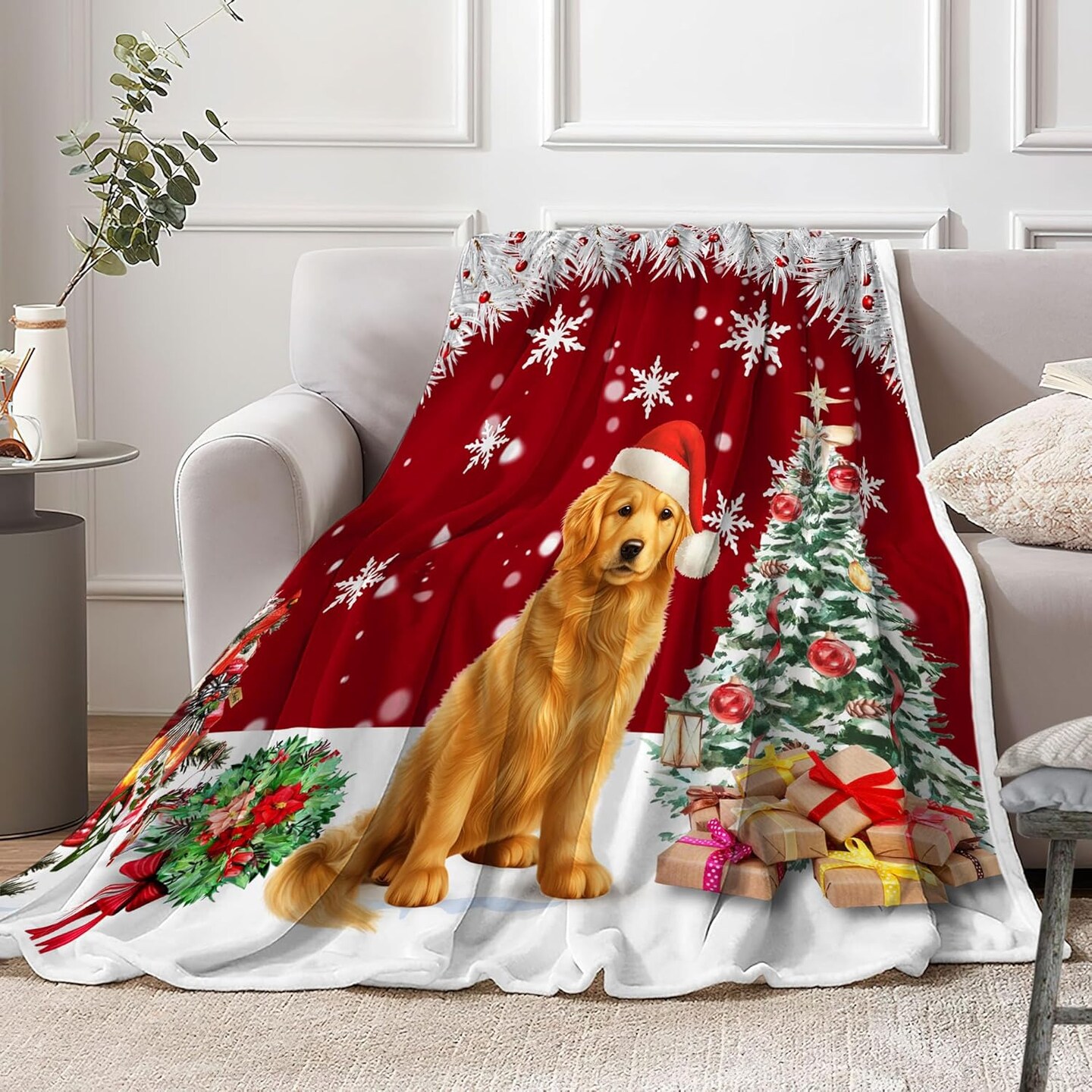 Christmas Throw Blanket Soft and Warm Throw Blankets for Couch Sofa Bed Winter Holiday Snowflakes Cute Dog Decorative Cozy Blanket Blanket 50"x60"