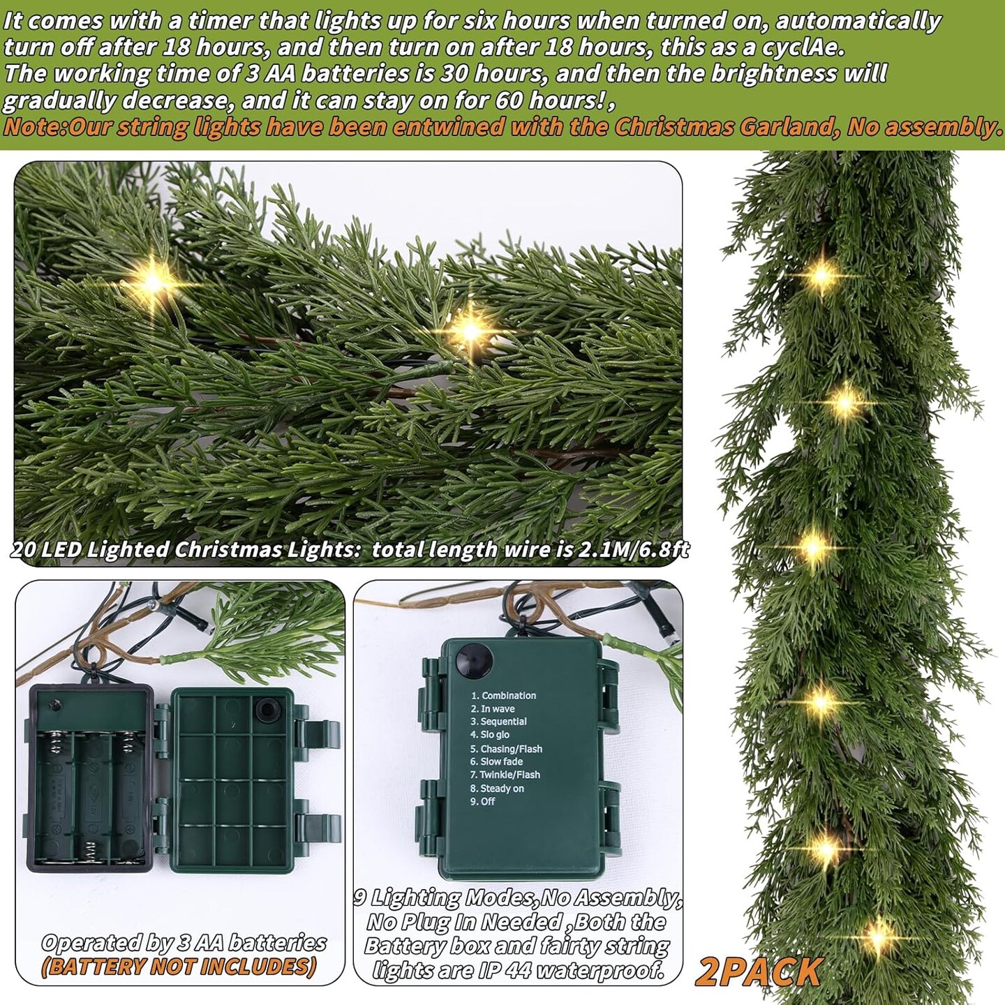 6.2 FT Prelit Christmas Cedar Garland 2 PCS, Realistic Artificial Pine Needle Garland Faux Cypress Greenery Garland with 20 Lights for Christmas Table Mantle Wall Room Outdoor Indoor Winter Decoration