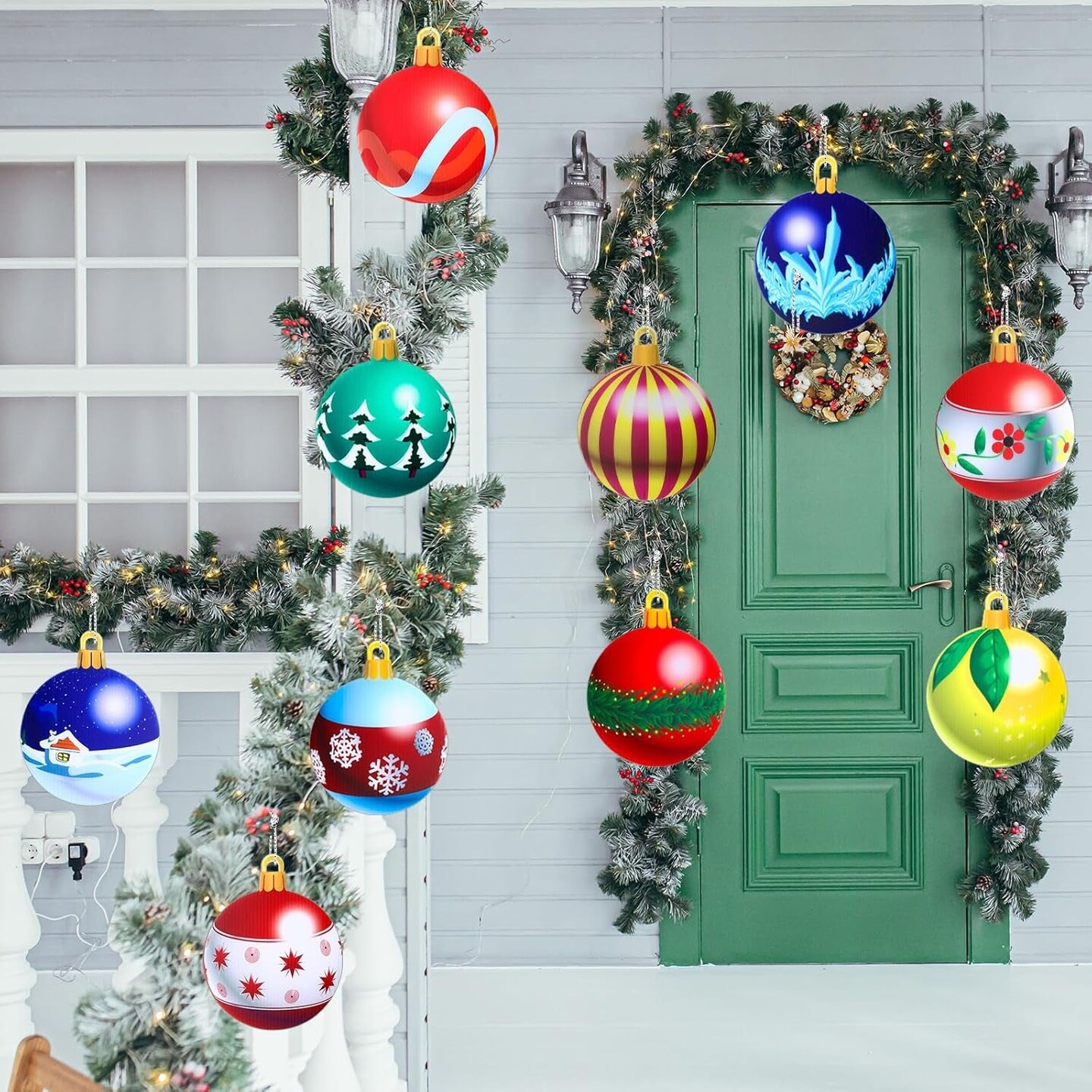 10 Pieces Large Size 7&#x22; round Christmas Ornament Christmas Hanging Decorations for Xmas Tree Outdoor Yard Lawn Porch Waterproof with 328 Feet Silver Cord (Cartoon Style)