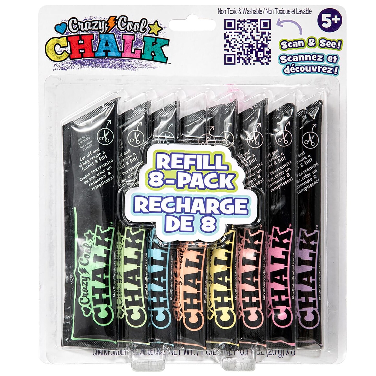 Alex: Crazy Cool Chalk - Refill 8 Pack - 8 Different Color Chalk Pks, Works With Crazy Cool Chalk Line, Outdoor Sidewalk &#x26; Driveway Art, Kids Age 5+
