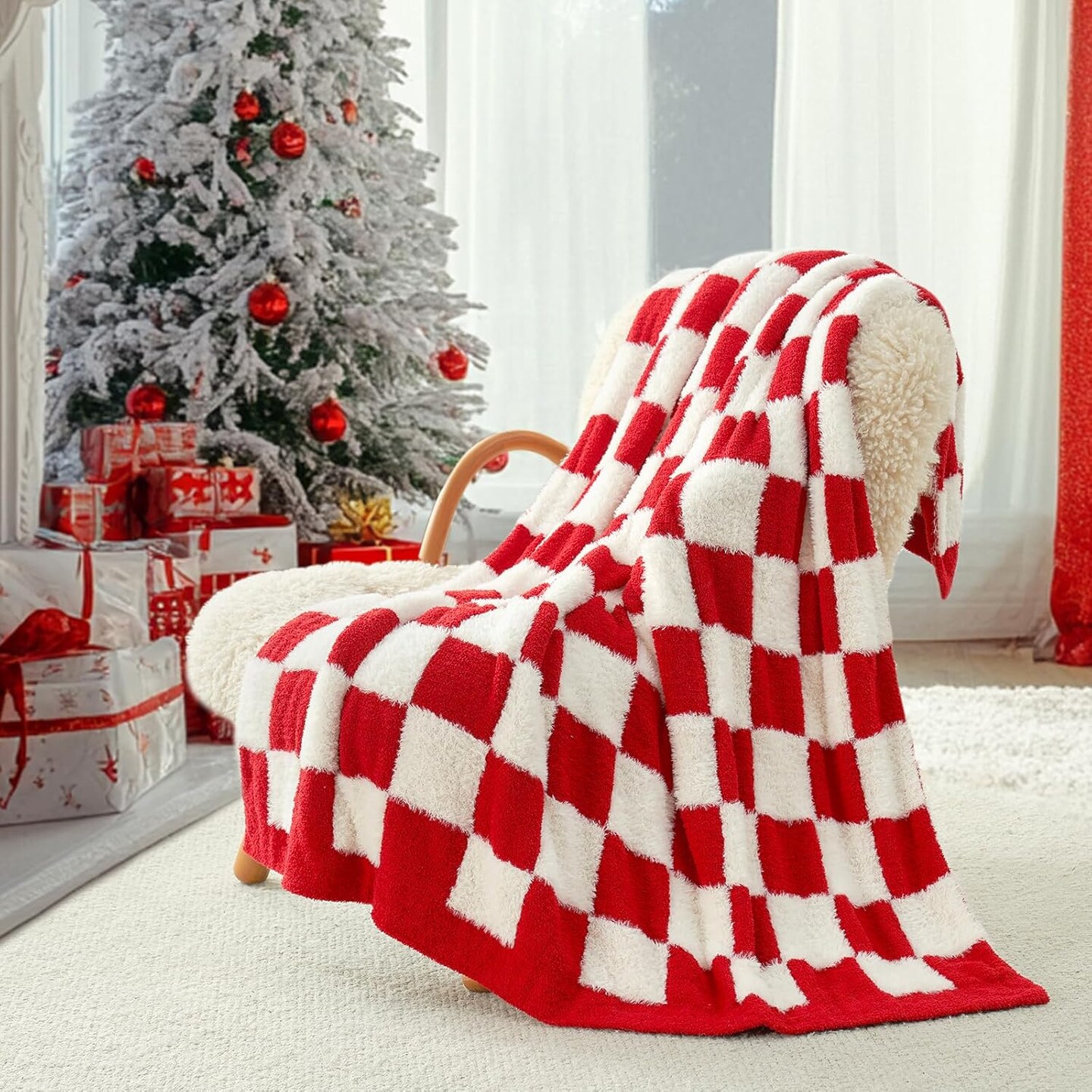 Red Checkered Christmas Blanket, Fluffy Faux Fur Ultra Soft Warm Microfiber Throw Blankets for Couch, Sofa, Chair, Bed, Red Checker, 50x60 inches