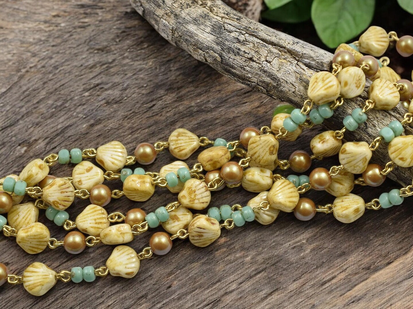 Alabaster Travertine Sea Shell Beaded Chain - Sold by the foot