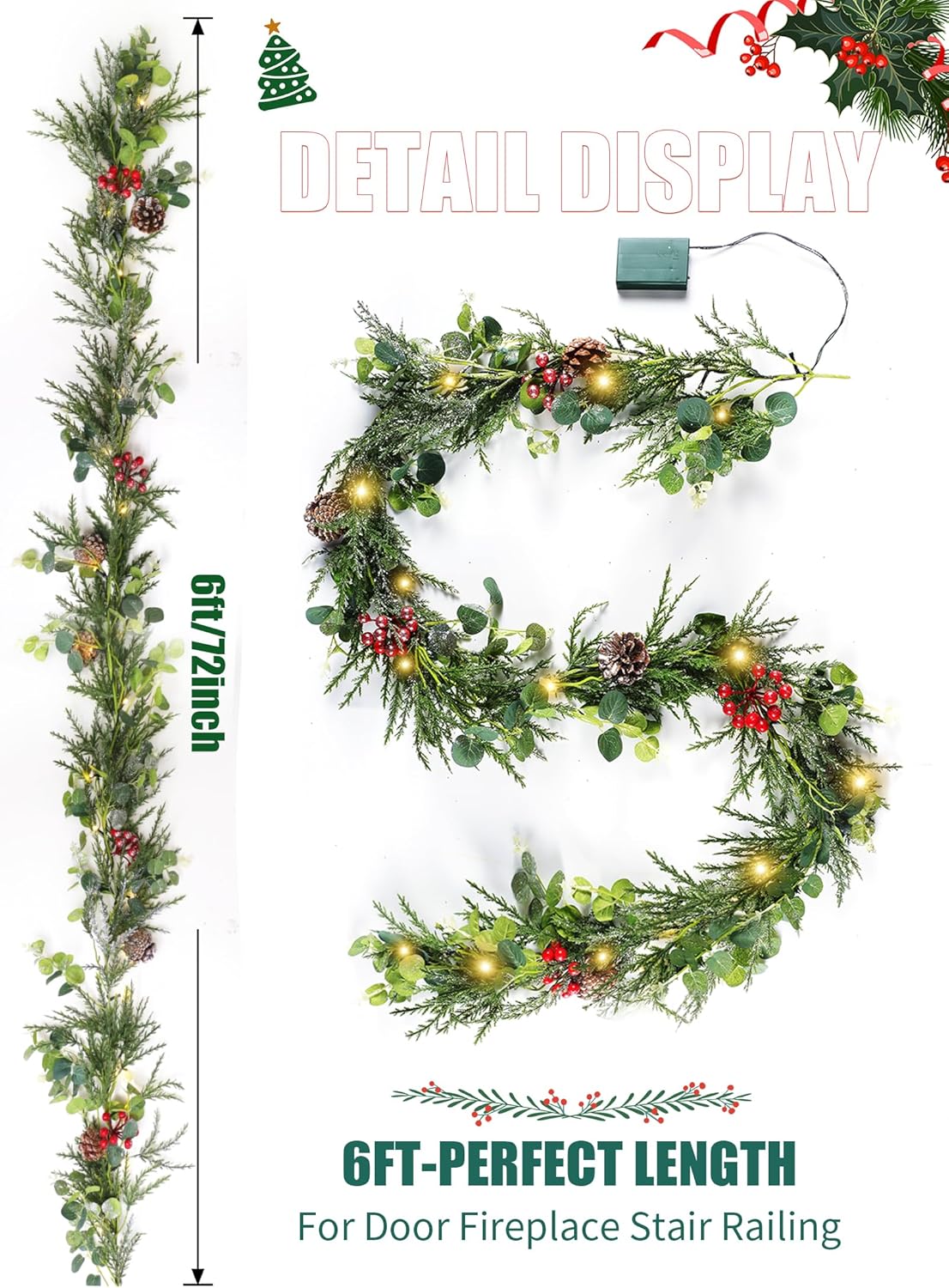 6 Feet 20 LED Battery Operated Christmas Lights with Pine Cones, Berry, Eucalyptus Leaves, Indoor Christmas Decorations for Stairs, Fireplace, Door