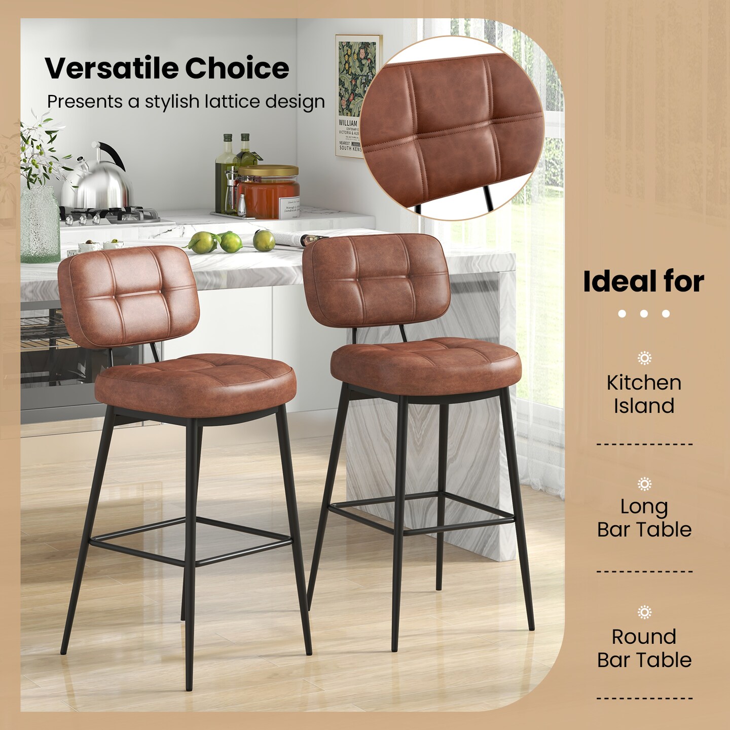 Set of 2 Bar Stools with Padded Seat and Footrest for Kitchen Island