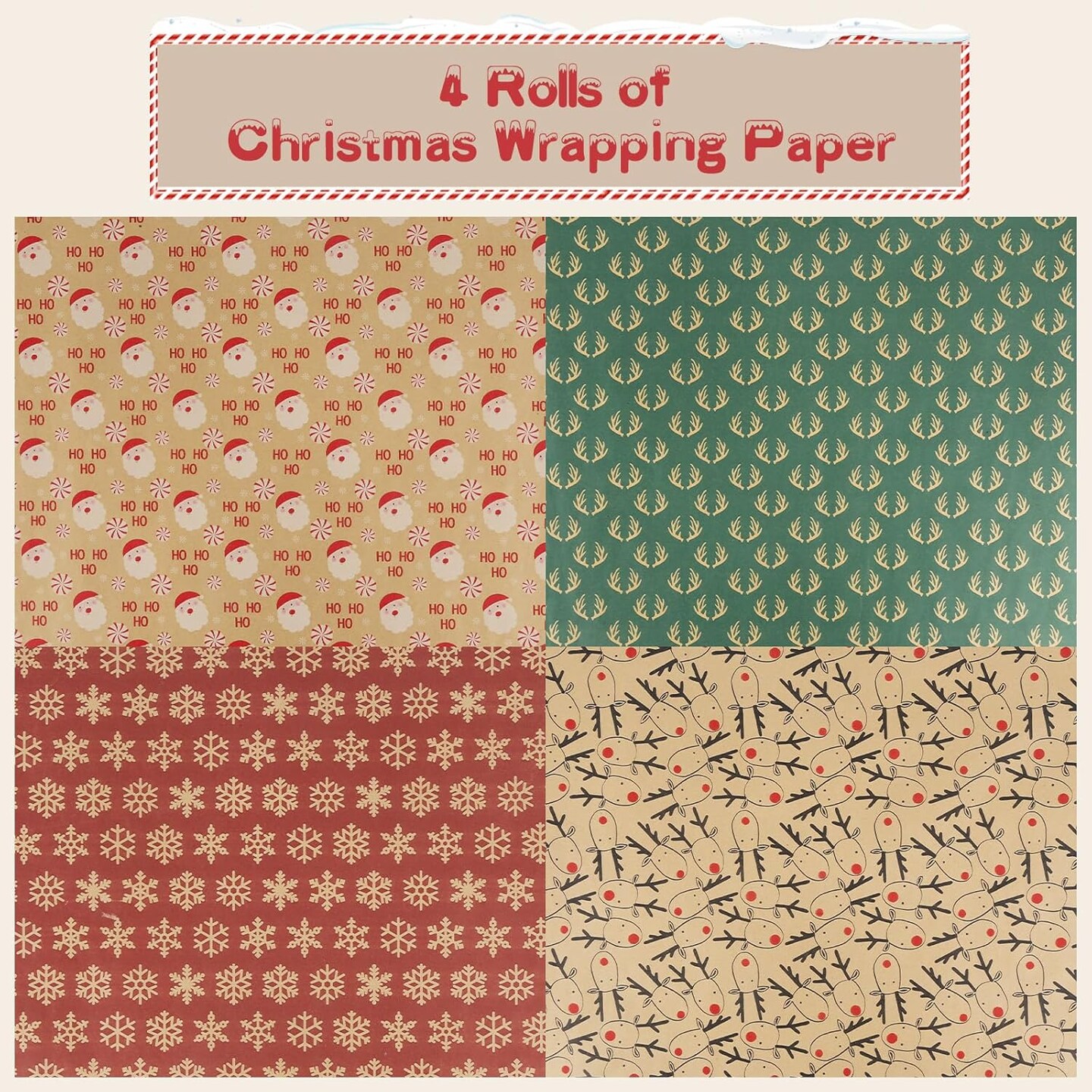Christmas Wrapping Paper Rolls, Kraft Wrapping Paper Set - Trees, Reindeer, Snowmen and Snowflakes Pattern - 4 Rolls - 17 Inch &#xD7; 120 Inch Per Roll