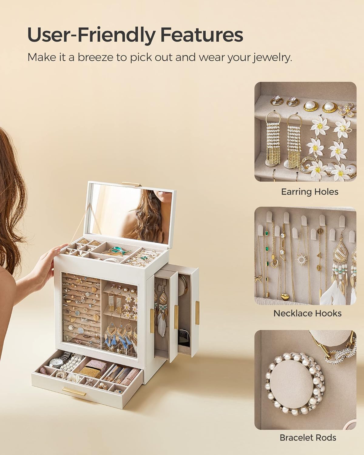 Jewelry Box with Glass Window, 5-Layer Jewelry Organizer with 3 Side Drawers, Jewelry Storage, with Big Mirror, Christmas Gift, 6.1 x 10.3 x 12.6 Inches, Cloud White and Metallic Gold