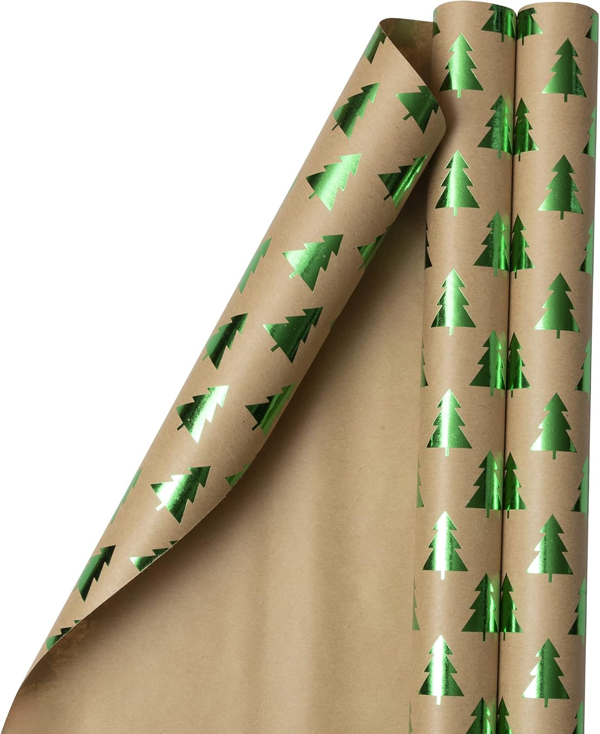 Gift Wrap - Christmas Kraft Wrapping Paper - 50 Sq Ft Total - Green Trees on Brown Kraft Paper - 2 Rolls/Pack