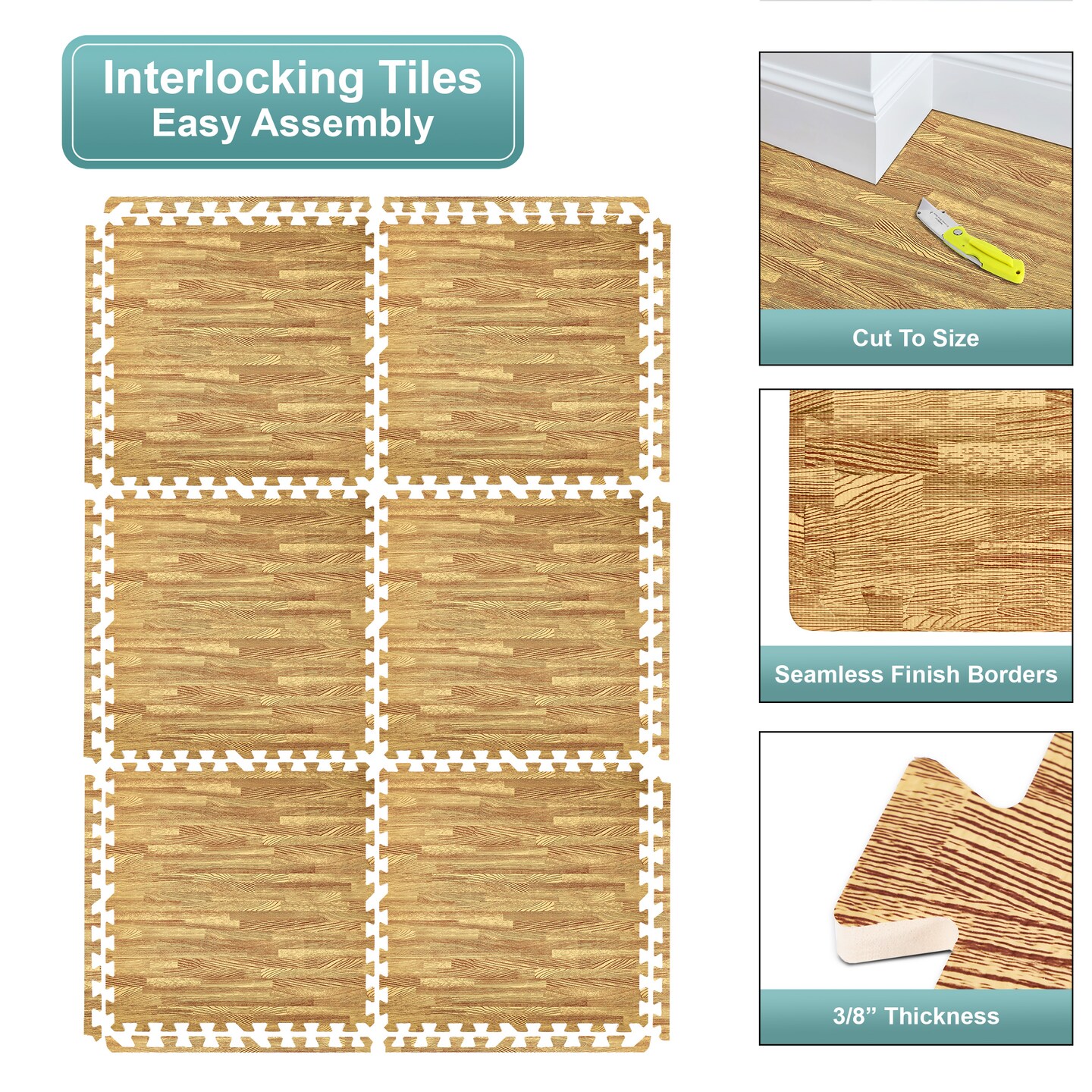 Sorbus 96 Sq. Ft. Wood Grain Floor Tiles, 24 Interlocking EVA Foam Mats, Thick Floor Mats w/ Borders for Home Gym, Playroom, and More