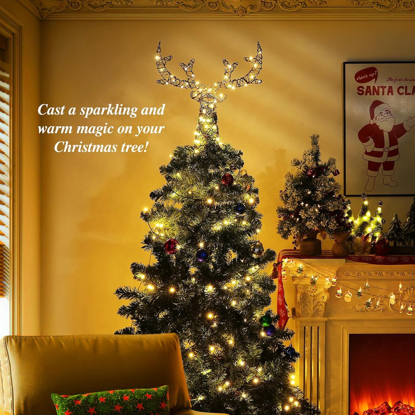 Metal Frame Deer Tree Topper with 50 Warm Light Beads, Remote &#x26; USB Operated Tree Topper with Lights 6H Timer, Xmas Tree Decor for Holiday Home Decoration, Brown
