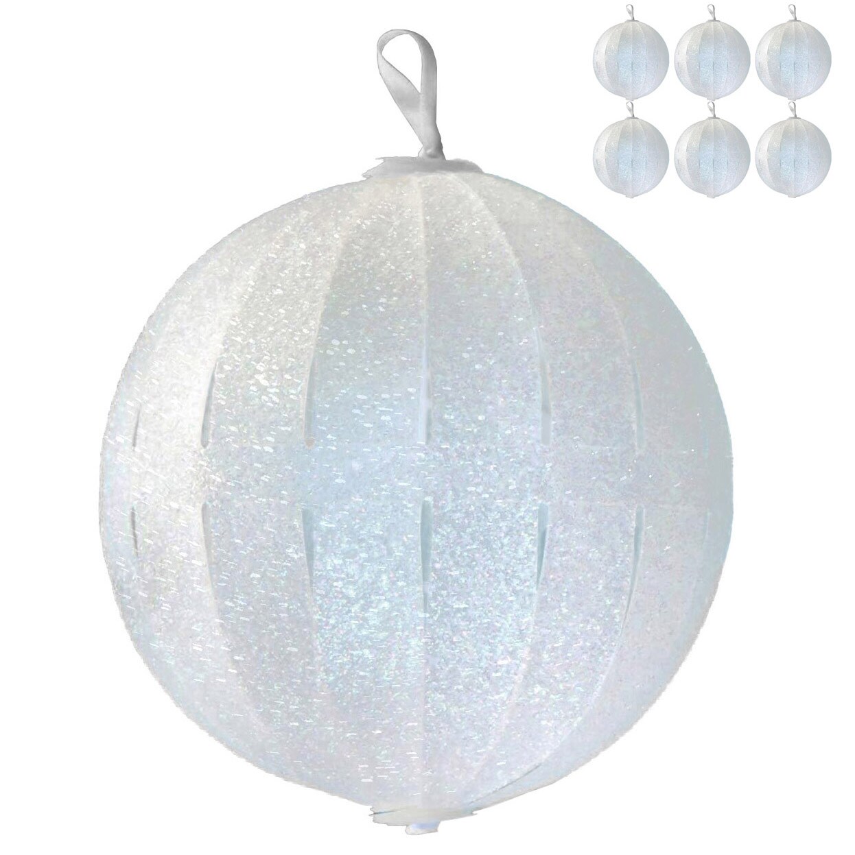 POP-UP White Glitter Christmas Ball Ornaments 6 ct. 3.5"; COLLAPSIBLE Large Xmas Tree Plastic Baubles; Shatterproof