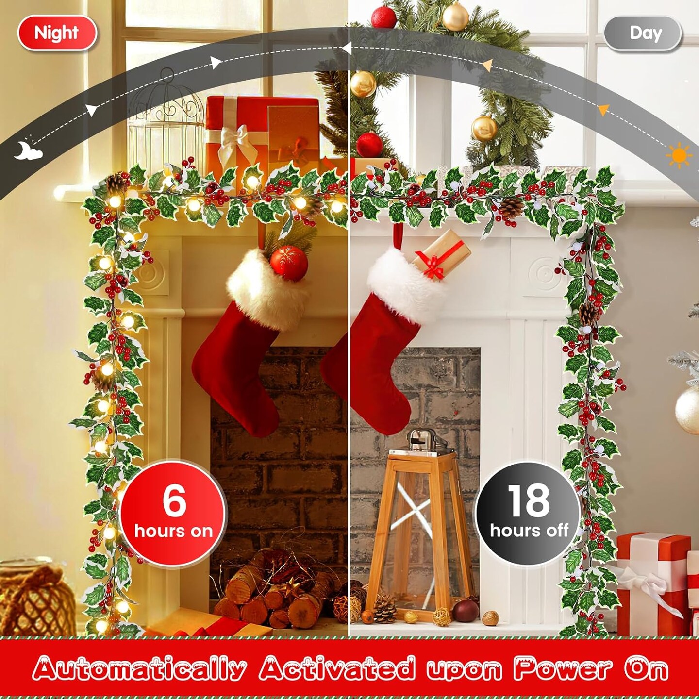 2 Pack Pre-Lit Christmas Garland with Lights, 5.7FT 20LED Battery Operated Lighted Garland Xmas Decor with PineCones Bell Berry Holly Leaves, Light Up Garland for Mantle Fireplace Stair Indoor Outdoor