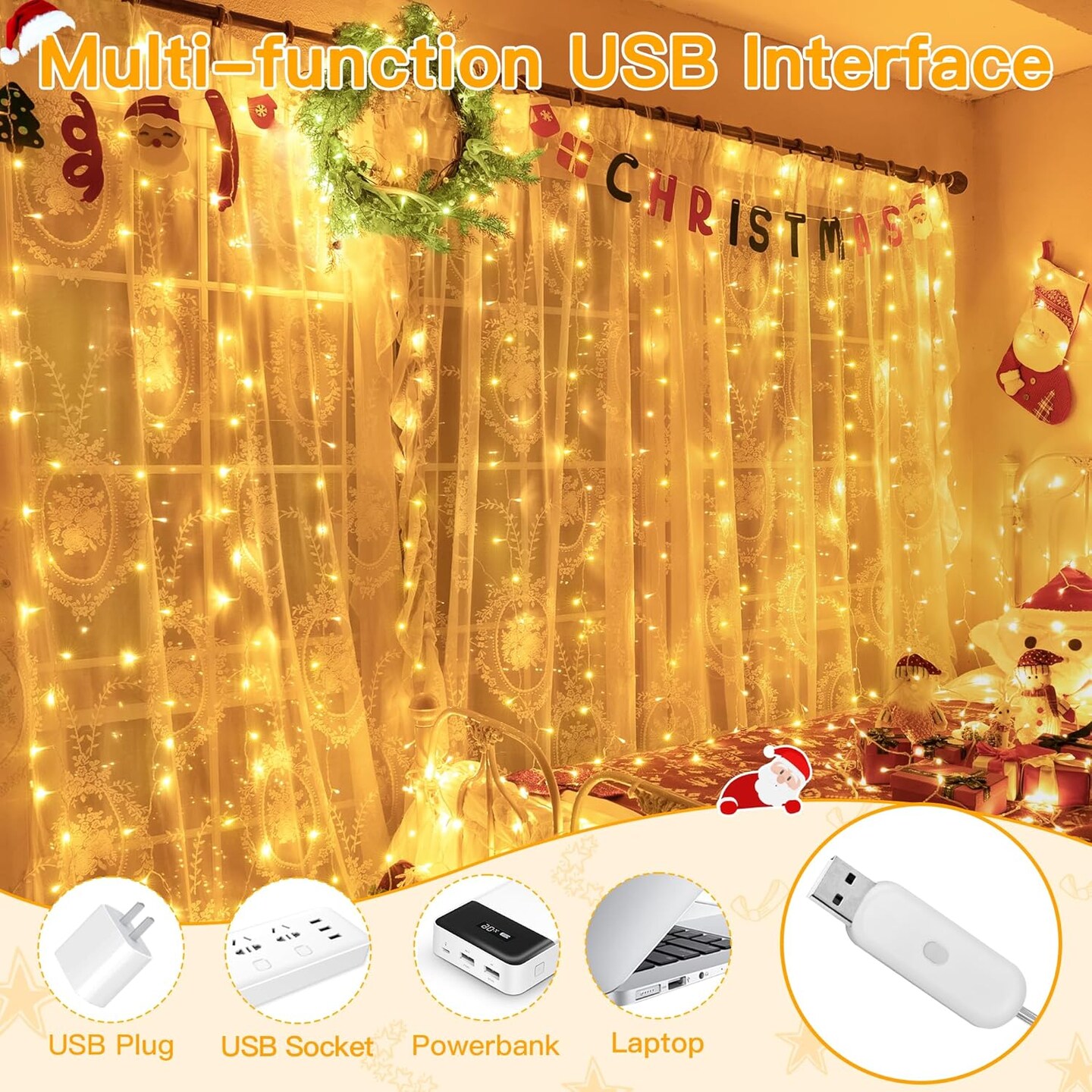 Ollny Curtain Lights 200LED 6.6x6.6ft, USB Christmas Curtain Lights Warm White with Remote 8 Modes Timer, Waterproof String Lights for Bedroom Backdrop Window Indoor Outdoor