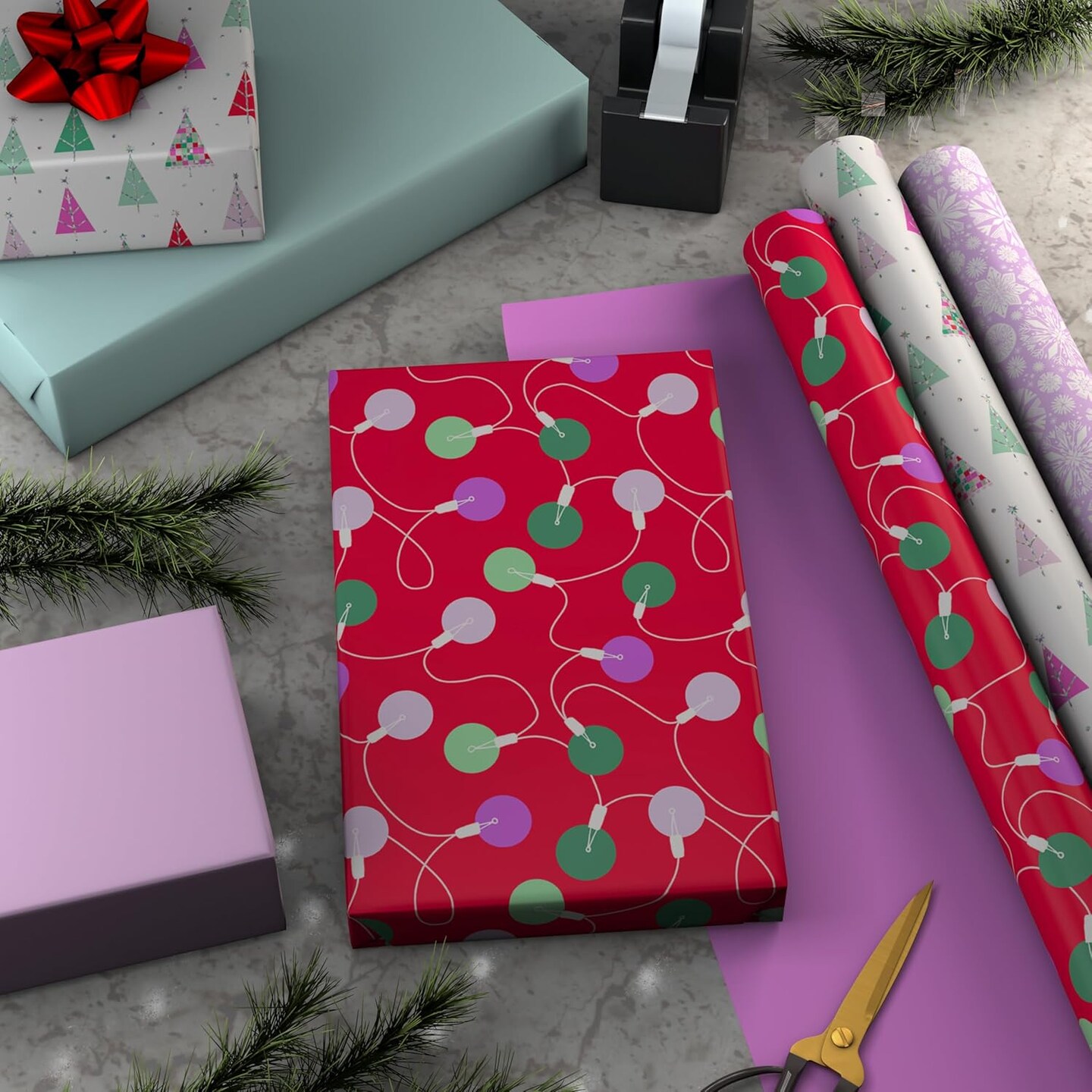 Christmas Wrapping Paper Rolls - Pink Holiday Gift Wrap Paper (Set of 3 Reversible Rolls: 75 sq. ft. ttl.) Trendy Snowflakes, Lights, Trees in Pink, Red, Mint Green