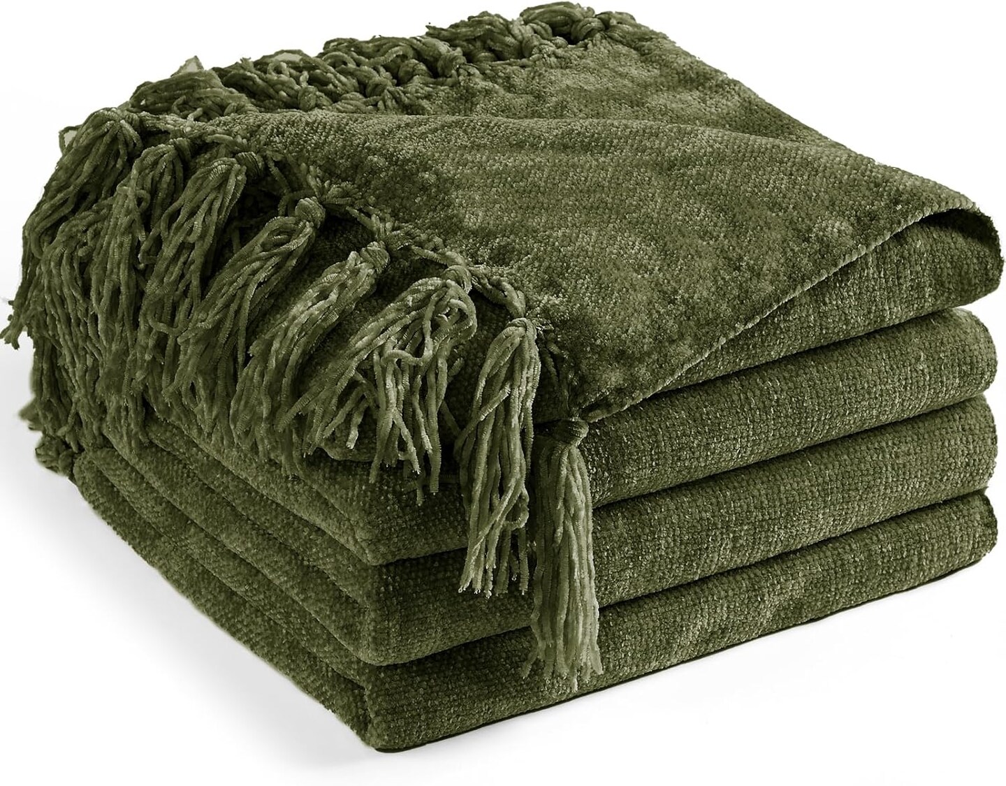 Chenille Throw Blanket for Couch 50&#x22;X 60&#x22;, Soft Cozy Throw Blanket with Fringe Tassel for Bed Sofa Chair, Lightweight Knitted Decorative Farmhouse Boho Throw Blanket for Gift, Olive Green