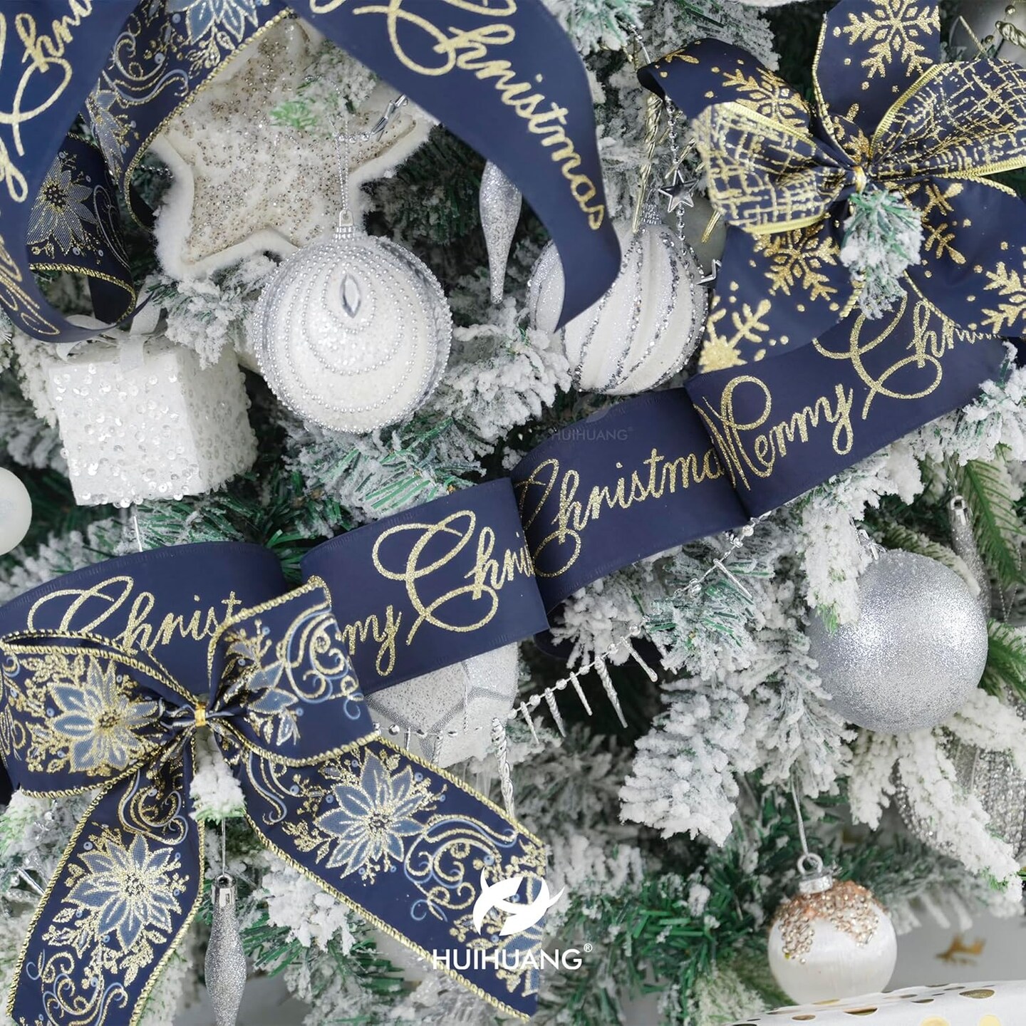Navy Blue Wired Ribbon for Christmas Tree Blue and Gold Christmas Ribbon Wired Navy Ribbons for Bows, Wreaths, Garlands, Gift Wrapping Crafts, Home Decorations (2.5&#x22; x 6 Rolls, 36 Yds Total)