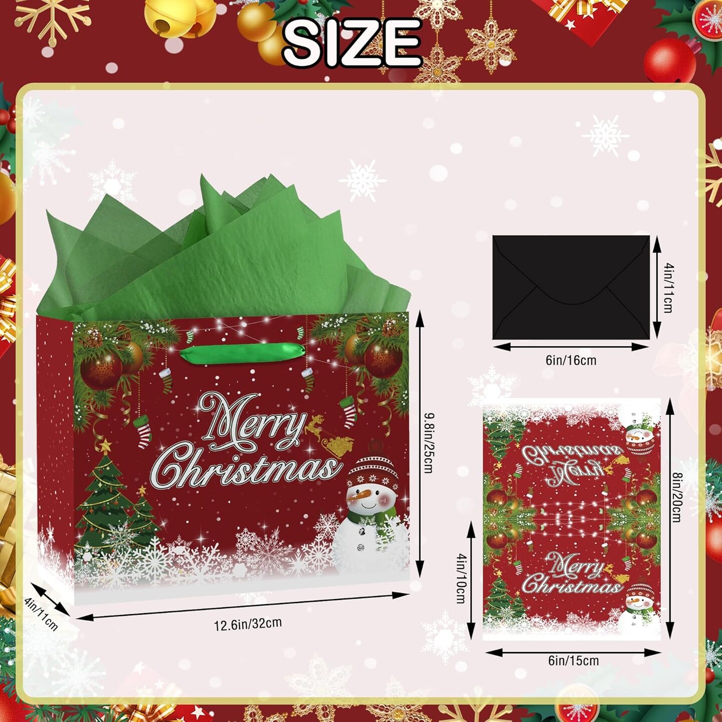 Christmas Gift Bags, Red Merry Christmas Bags with Card and Tissue Paper, Large Christmas Gift Wrapping Paper Christmas Treat Bag, Gift Bags for Christmas Party Decorations Supplies (Red)