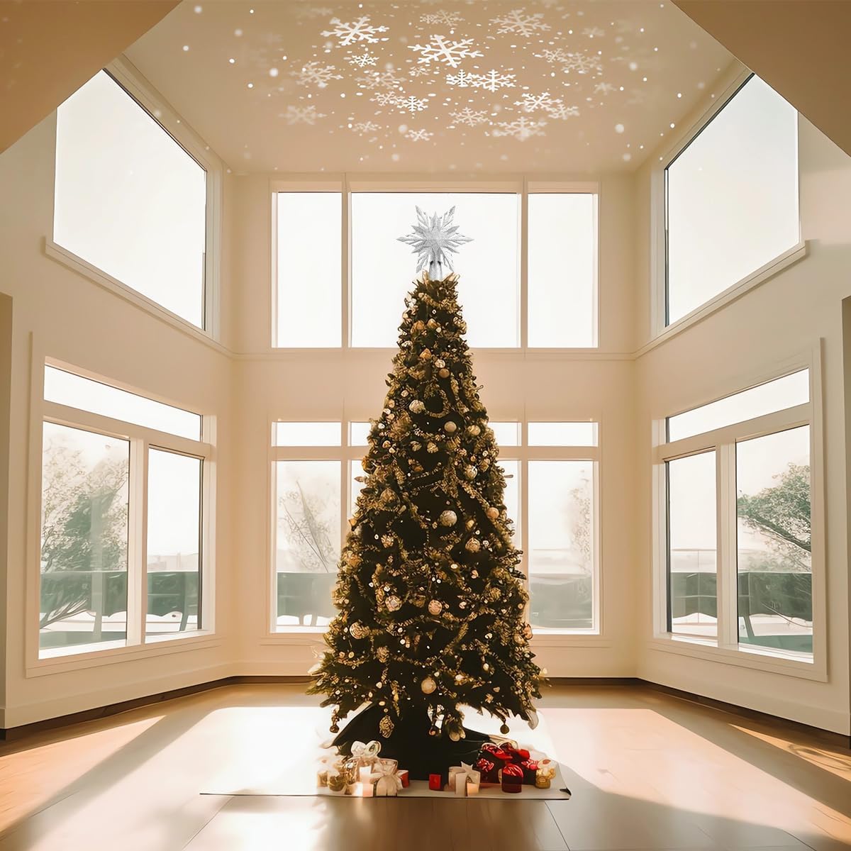 Christmas Star Tree Topper Lighted with Led Snowflake Projection, Christmas Tree Topper Star with Built-in LED Rotating 3D Projector Lights, Christmas Decoration for Family Office Indoor (Silver)