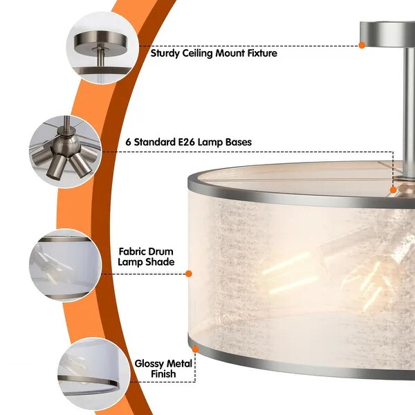 6-Light Semi Flush Mount Ceiling Light Pendant Lamp with Fabric Drum-shaped Shade