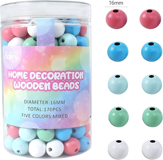 170 Pieces Wood Beads, Polished Colorful Round Wooden Beads with 7M Twine, 16mm Natural Farmhouse Craft Wood Beads for DIY Garland Making Home Party Decor