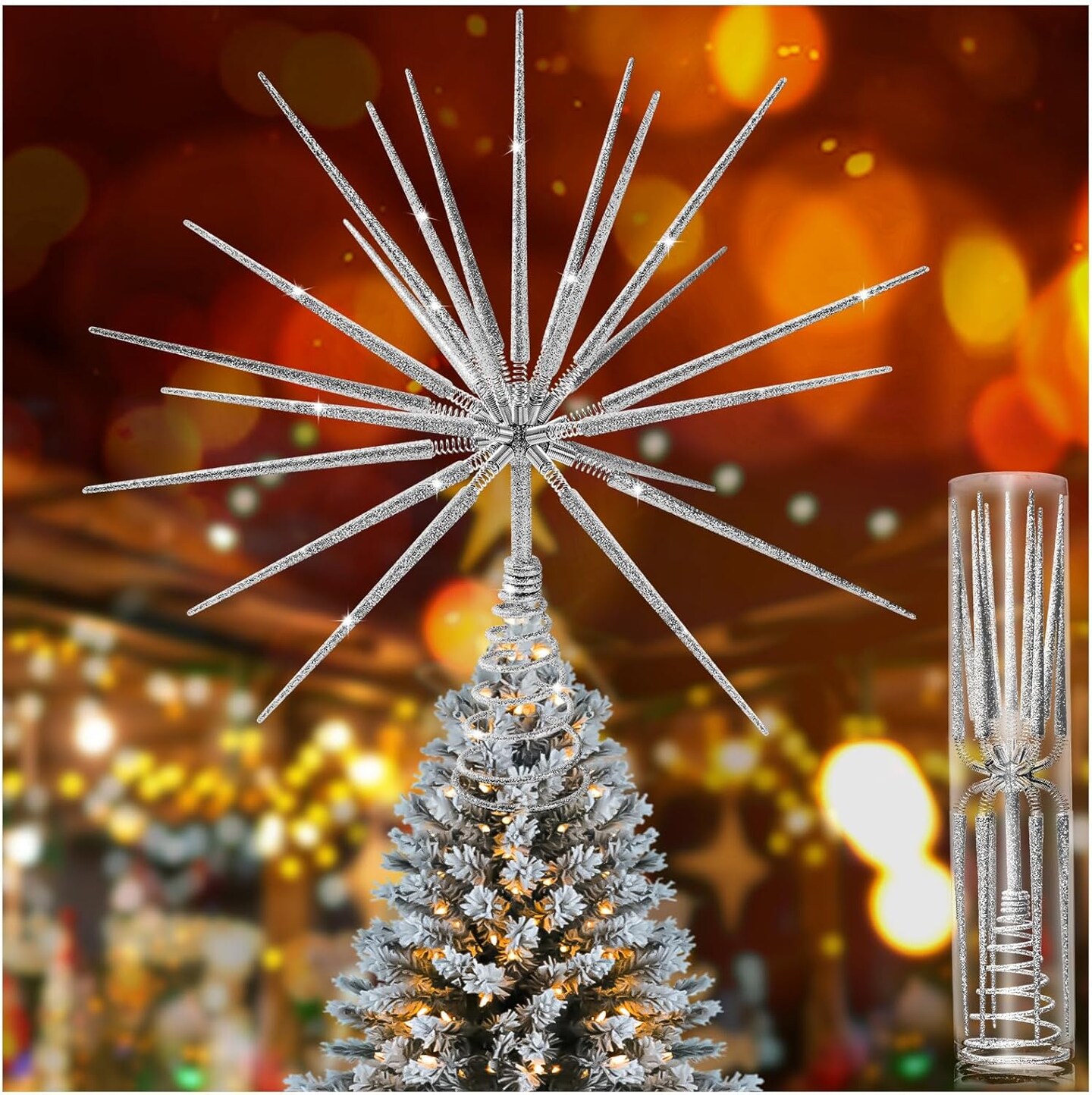 Silver Christmas Tree Topper 13.7 Inch - Silver Starburst Silver Tree Topper, Exploding Star Christmas Tree Decorations