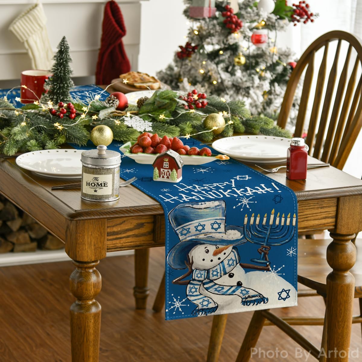 Snowman Menorah Happy Hanukkah Table Runner, Chanukah Holiday Kitchen Dining Table Decoration for Home Party Decor 13x72 Inch