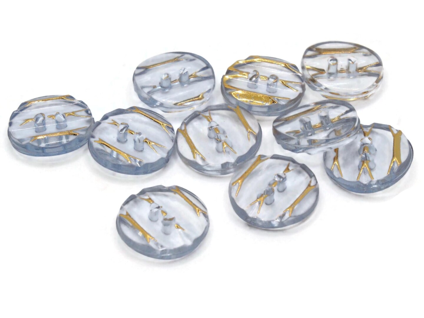 10 13mm Blue Plastic Two Hole Buttons with Gold Stripes