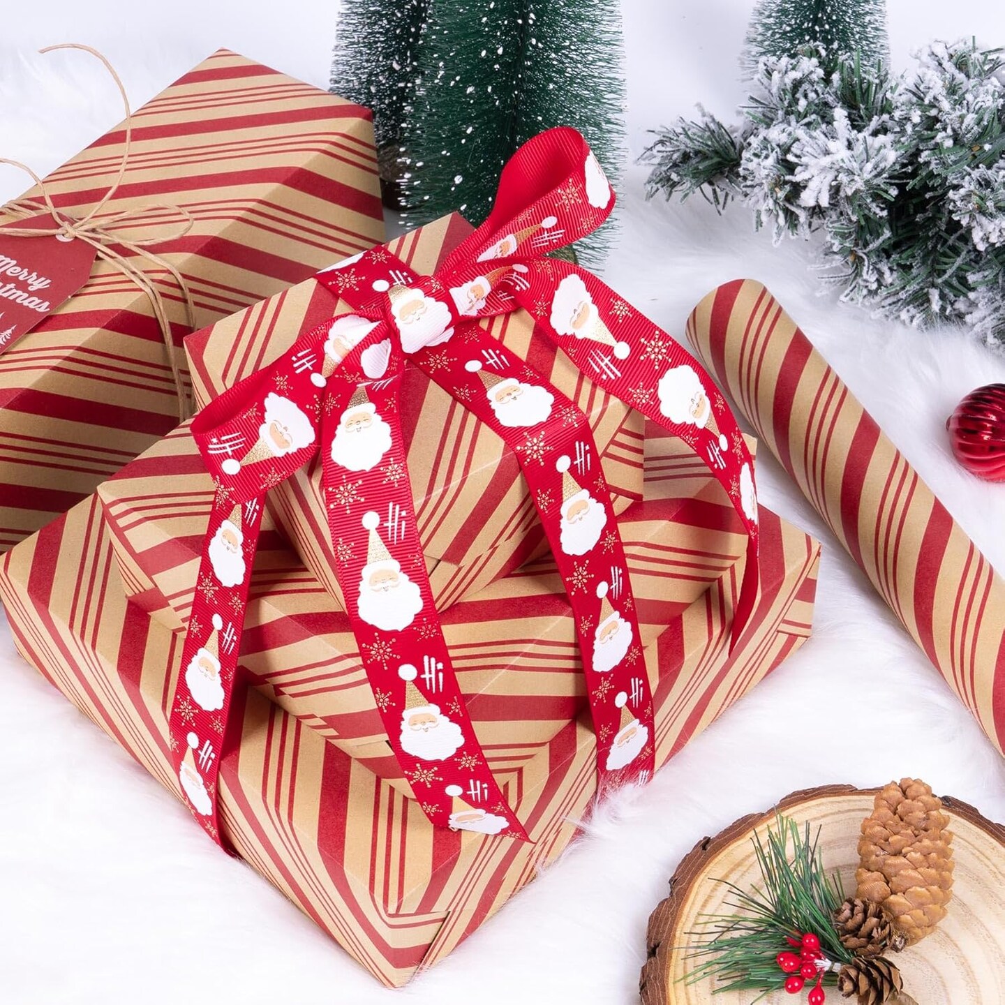 Christmas Wrapping Paper, Kraft Paper Roll with Classic Stripe Design 17inch x 33feet, Mini Red Wrapping Paper Roll Vintage Gift Wrap Paper for New Year Holiday, Birthday, Craft &#x26; Art