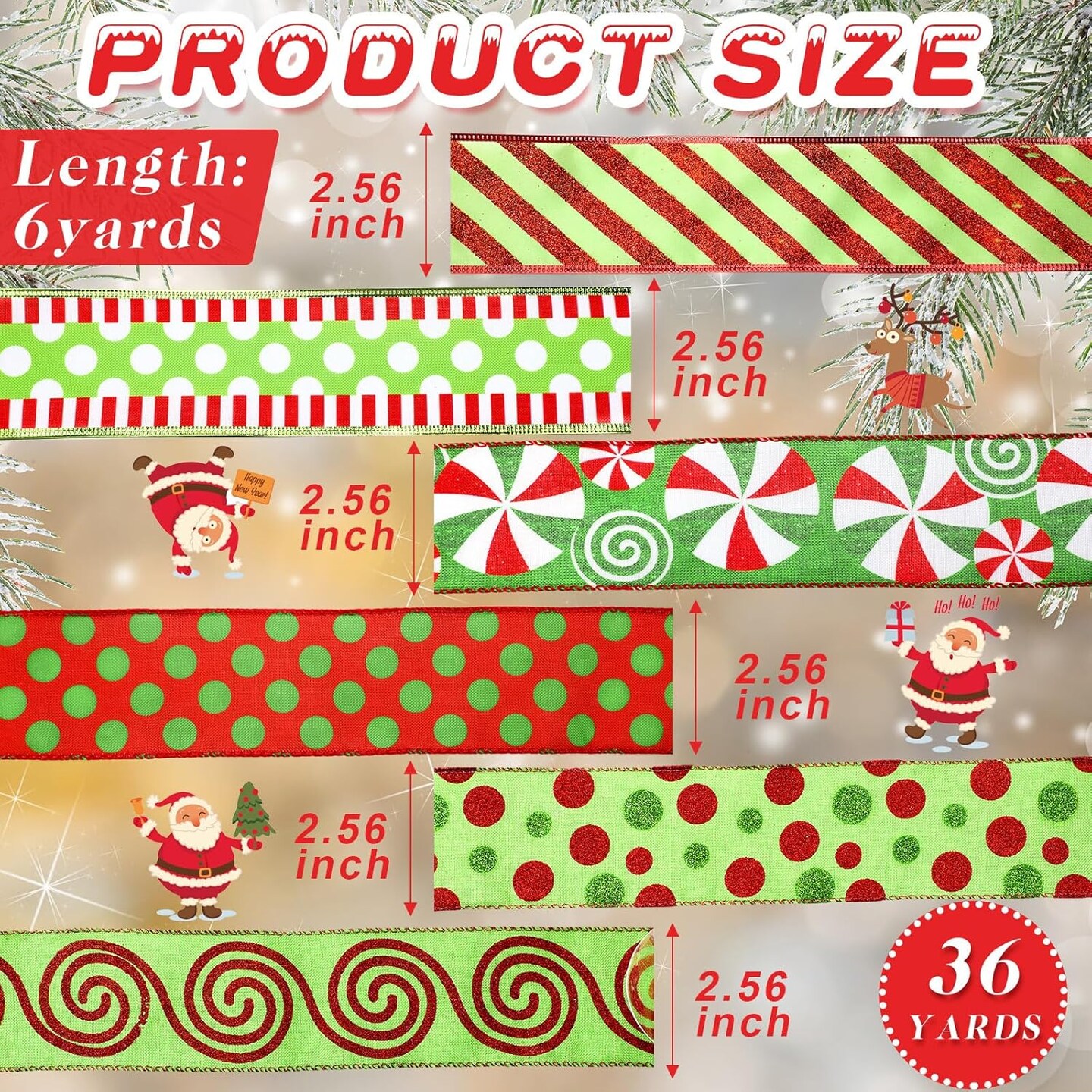6 Rolls Christmas Polka Dot Ribbon 36 Yard Red and Lime Green Christmas Wired Ribbon 2.56 Inch Wide Fabric Wrapping Ribbon Xmas Decorative Ribbons for DIY Crafts Tree Decorations