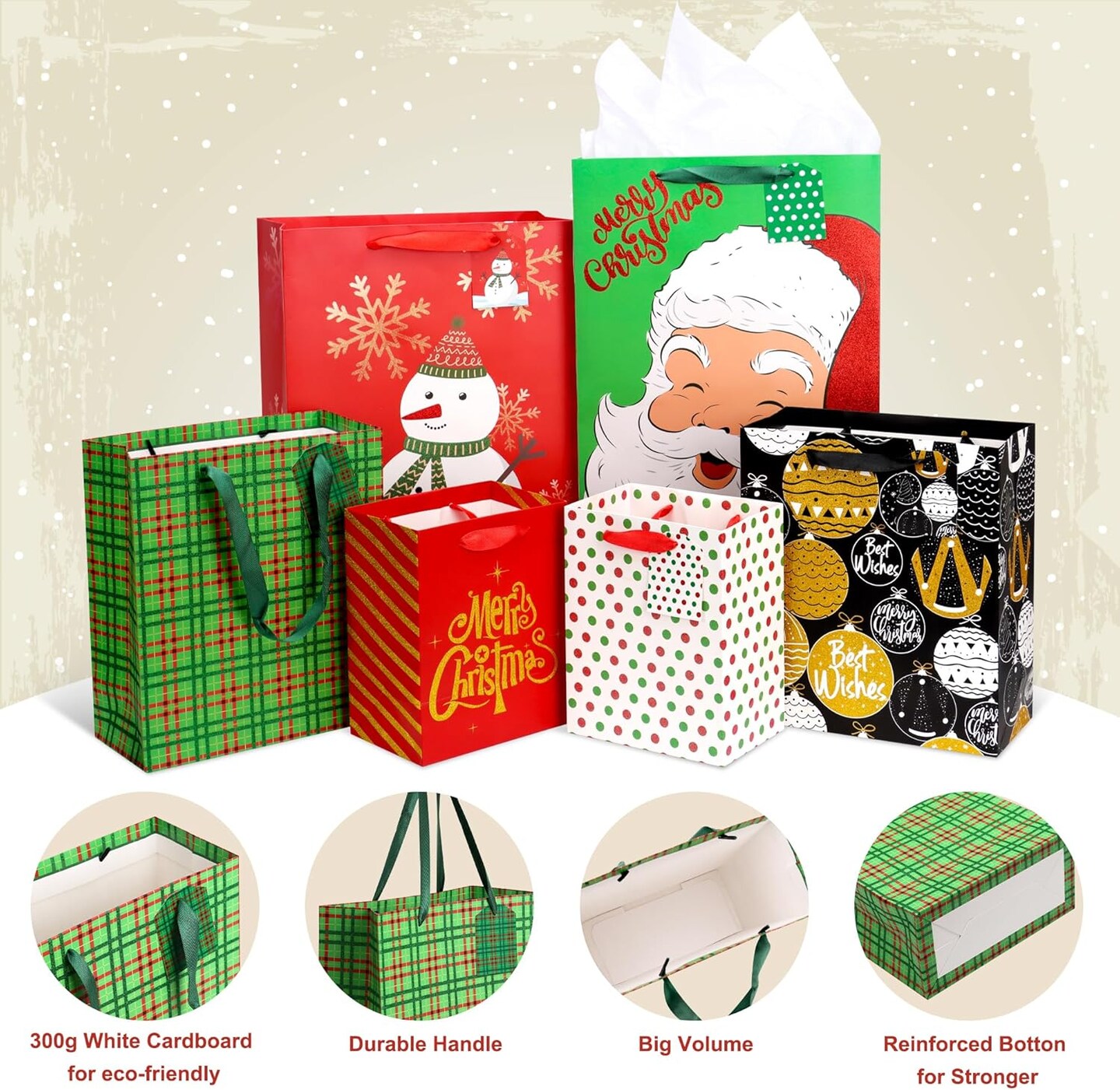 Christmas Bags for Gifts Bulk-12 Pack Holiday Gift Paper Bags with handles, Assorted Sizes Xmas Gift Wrapping Bags for Presents, with Tissue Paper&#x26;Tags(4 Jumbo 16&#x22;, 4 Large 12&#x22;, 4 Medium 9&#x22;)