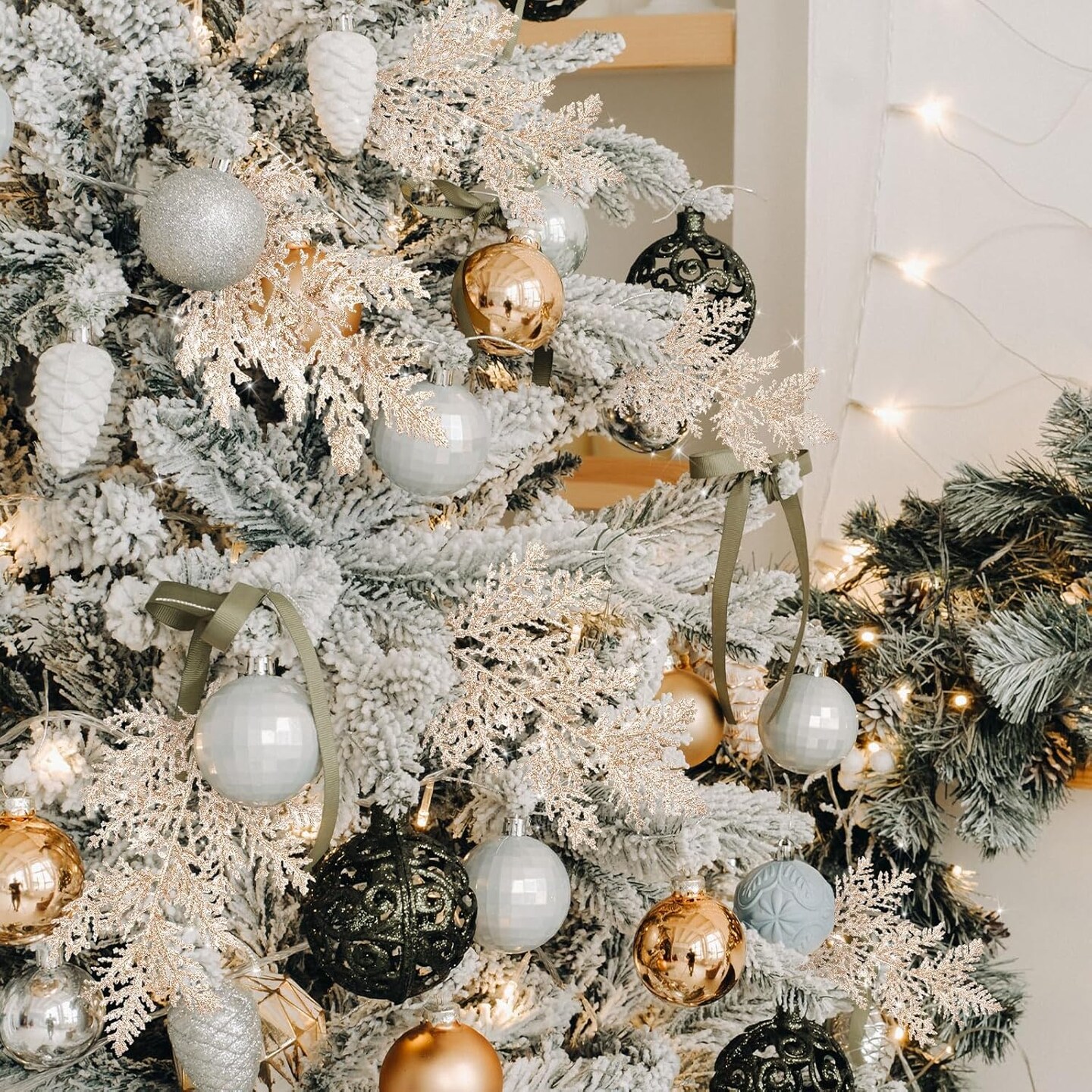 100 Pcs Christmas Tree Picks Sprays 10.24 Inch Glitter Artificial Pine Leaves Cedar stem Faux Pine Needles Greenery Cedar Branches Ornament for Home Garland Wreath Winter Decor(Champagne Gold)