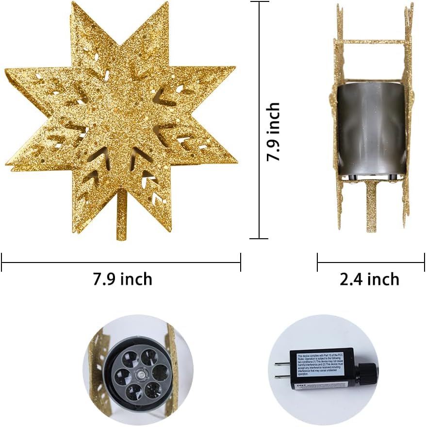 Christmas Tree Topper, 8" Gold Christmas Tree Star with Projector Lights, 8-Pointed Lighted Star Tree Topper, White Snowflake Projection Tree Toppers Christmas Decorations for Xmas Tree