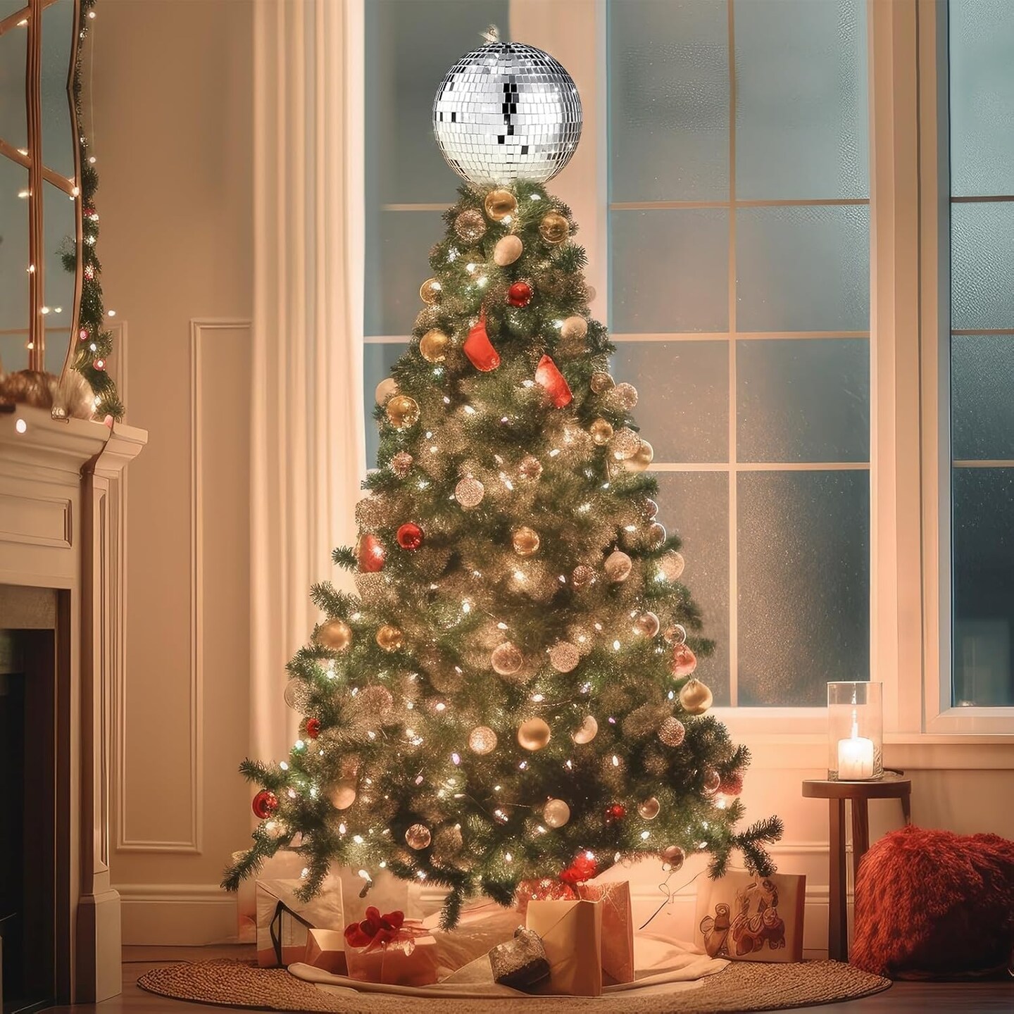 6'' Disco Ball Christmas Tree Topper Disco Mirror Ball Xmas Tree Topper 3D Hollow Silver Disco Ball Decor Disco Ball Ornament for 70s Disco Holiday Wedding Birthday Party Decorations