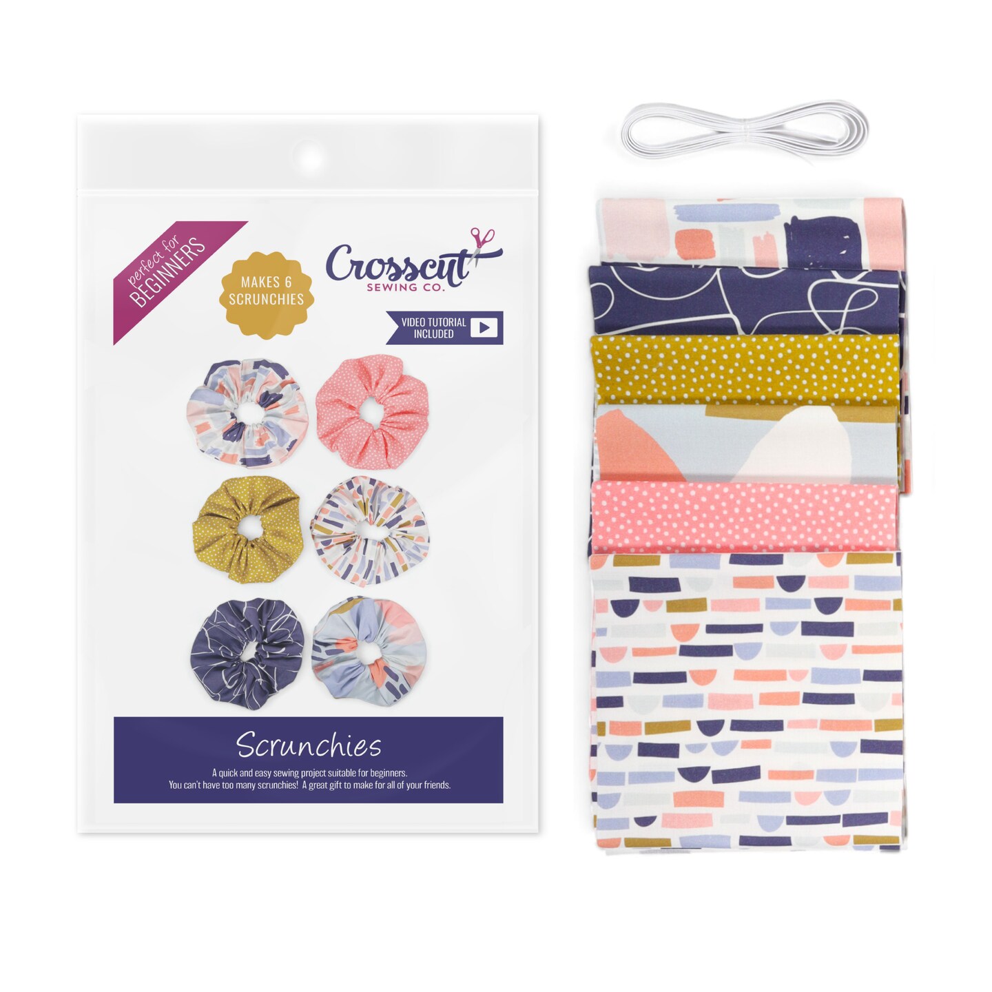 Crosscut Sewing Co.® Scrunchie Sewing Project Kit for Beginners with Fabric, Instructions and Video