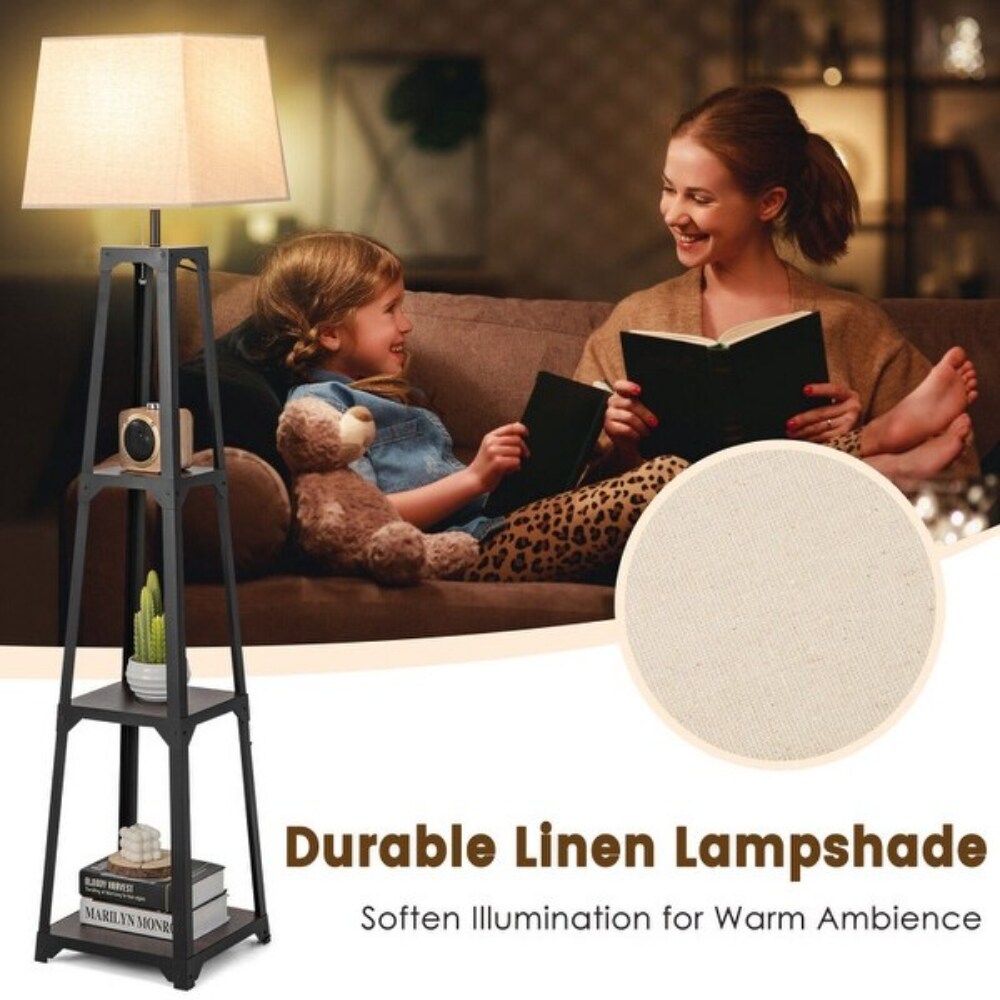 Shelf Floor Lamp with Storage Shelves and Linen Lampshade