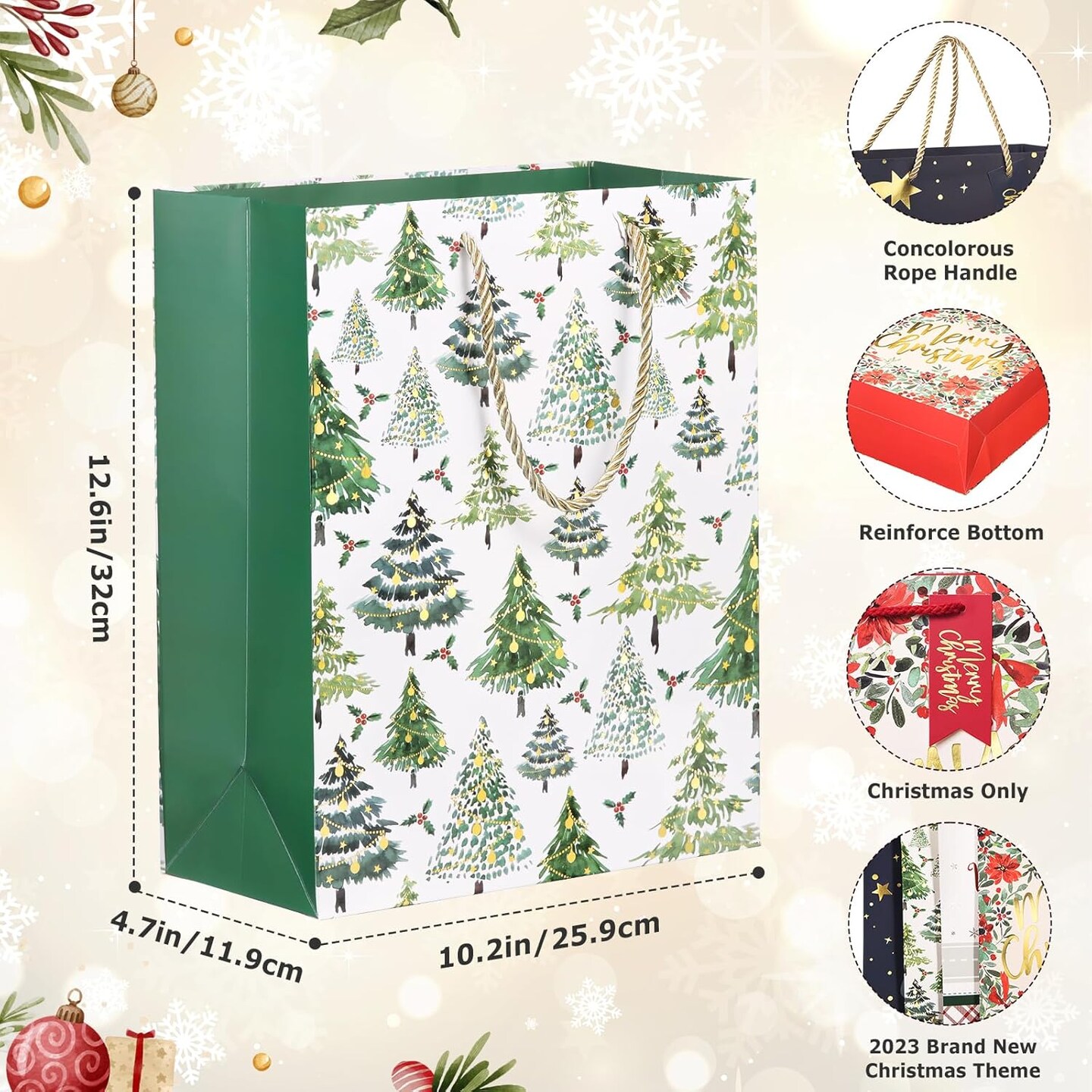16 Pack Large Christmas Paper Bag for Gift Wrap 10x5x13 inch, 4 Styles Gift Bags Bulk with Handles as Goodies Bags, Party Bags, Favor Bags(Xmas Mix Pattern, 10x5x13 inch)